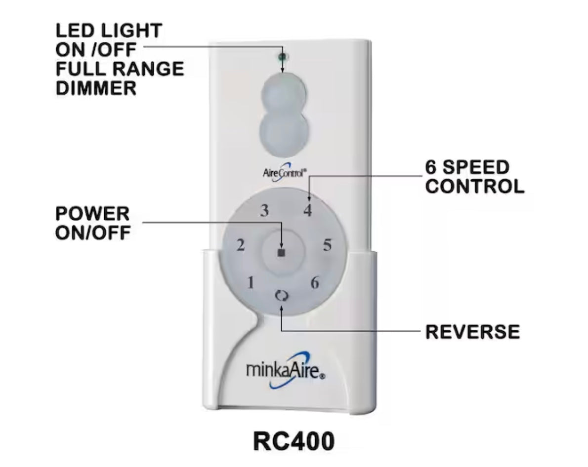 Minka-Aire AireControl 6-Speed 32 Bit Dimmer Handheld Ceiling Fan Remote Control - White - RC400, CR400T, 2AHC3CR400T