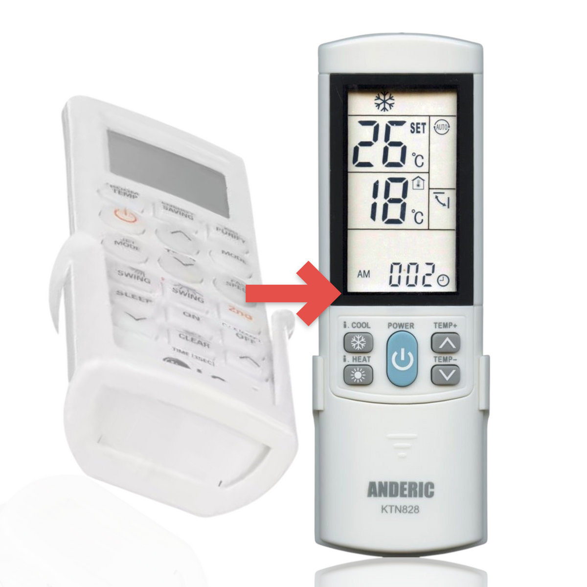 Anderic universal air conditioner remote control in white with a backlit LCD screen and wall mount holder.