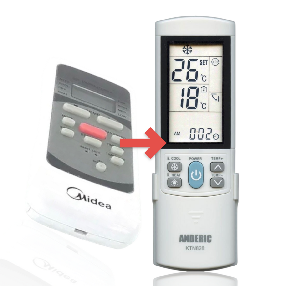 Anderic replacement remote control for Midea portable air conditioners featuring an LCD screen and grey button panel.