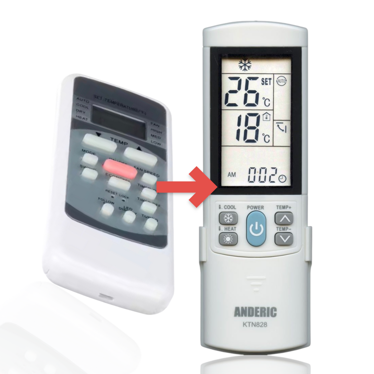 Anderic KTN828 universal air conditioner remote control with backlit LCD display and white plastic casing