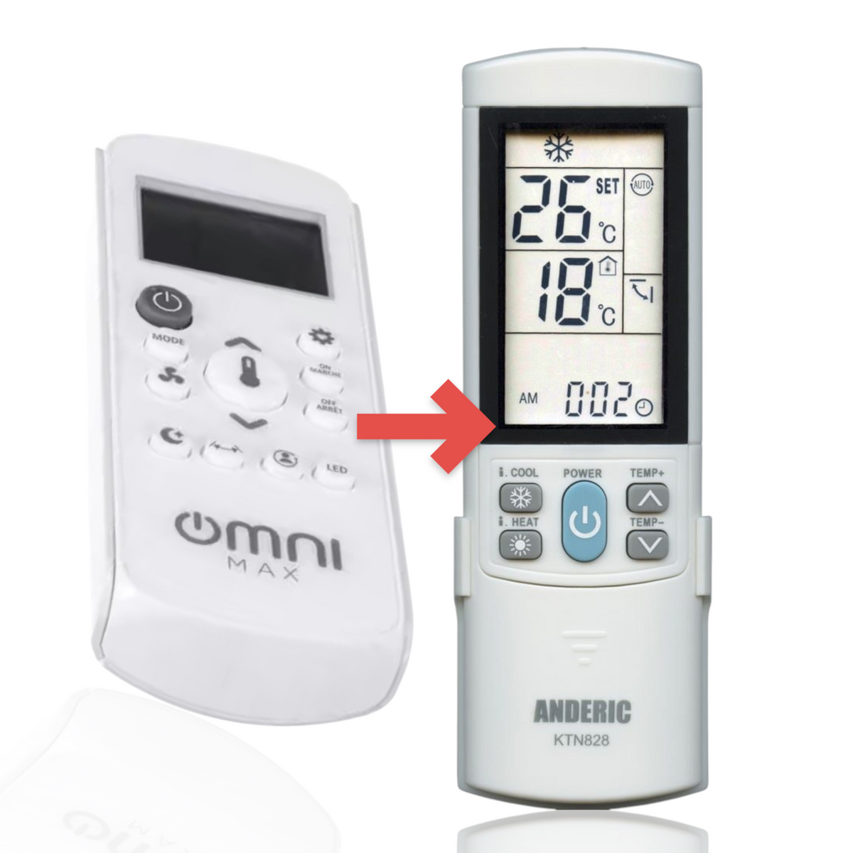 Anderic KTN828 universal air conditioner remote control in white with a backlit LCD screen and function buttons.