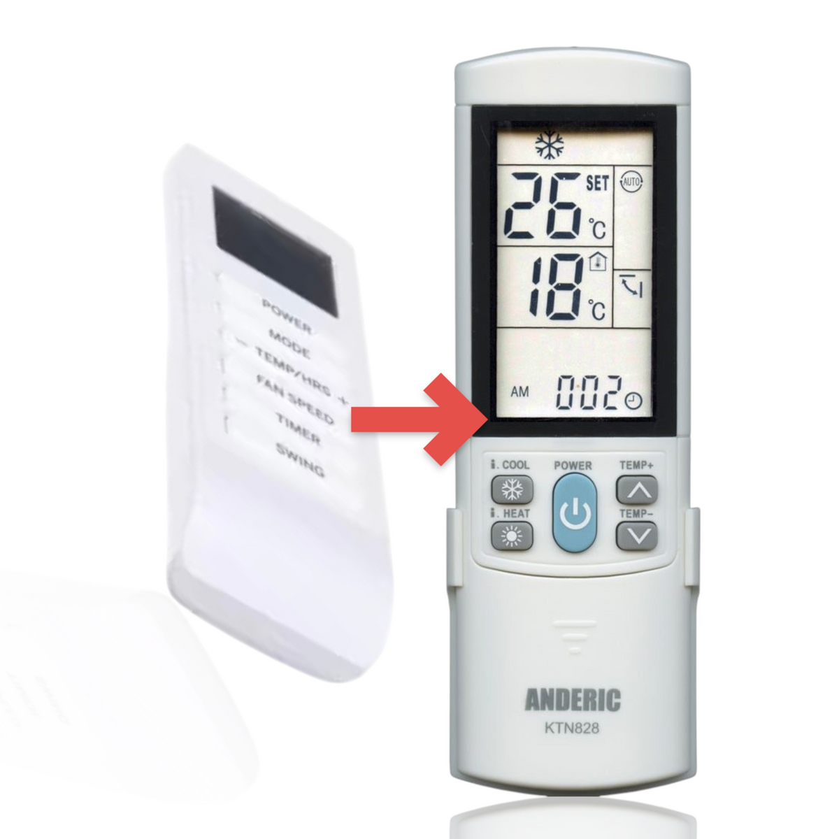 Anderic universal air conditioner remote control with white casing, backlit LCD screen, and labeled function buttons.