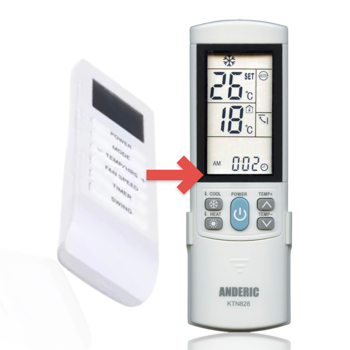 Anderic replacement remote control for RCA air conditioners with a white ergonomic body and backlit LCD display.