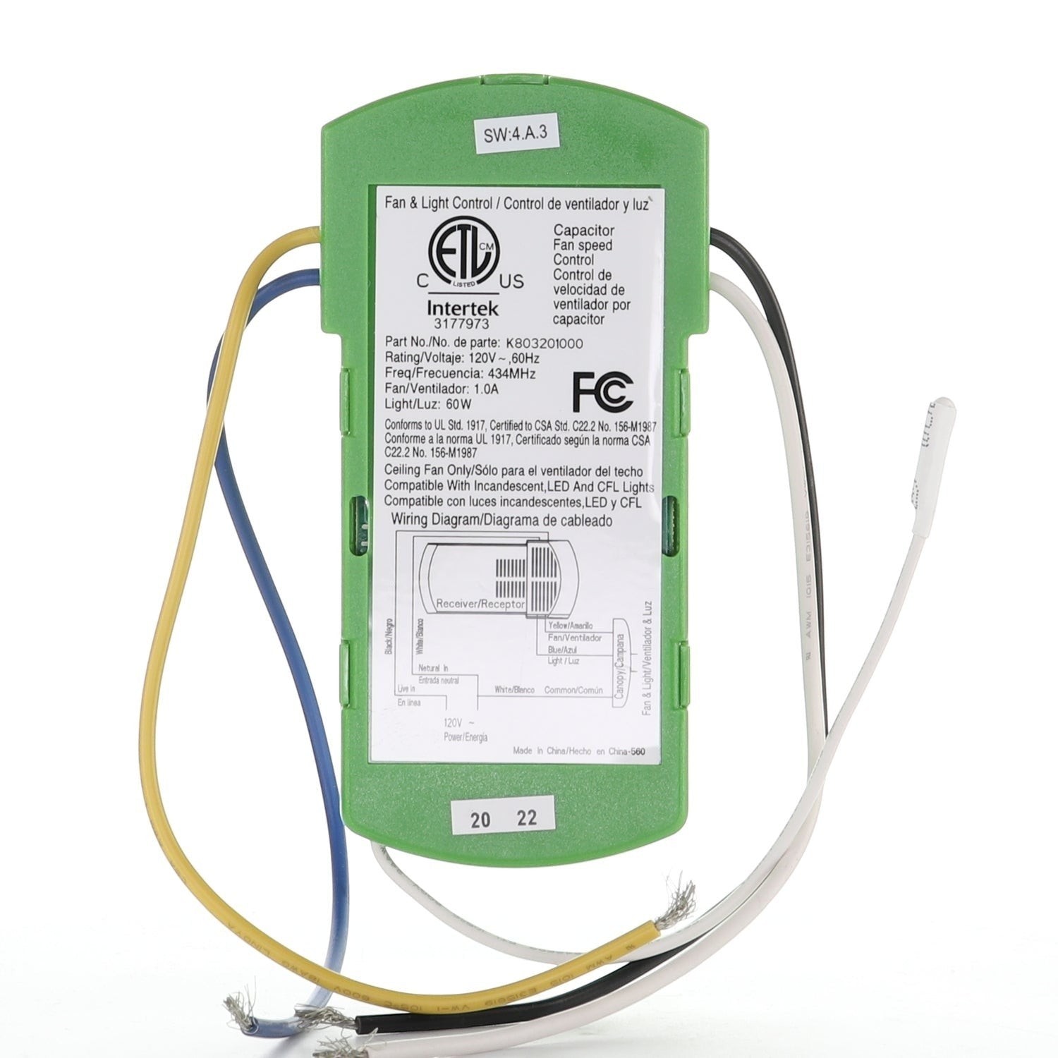 Anderic Substitute for Hampton Bay / Hunter K803201000 3-Speed Ceiling Fan Receiver - K803201000 [63T-AC83T-KIT]