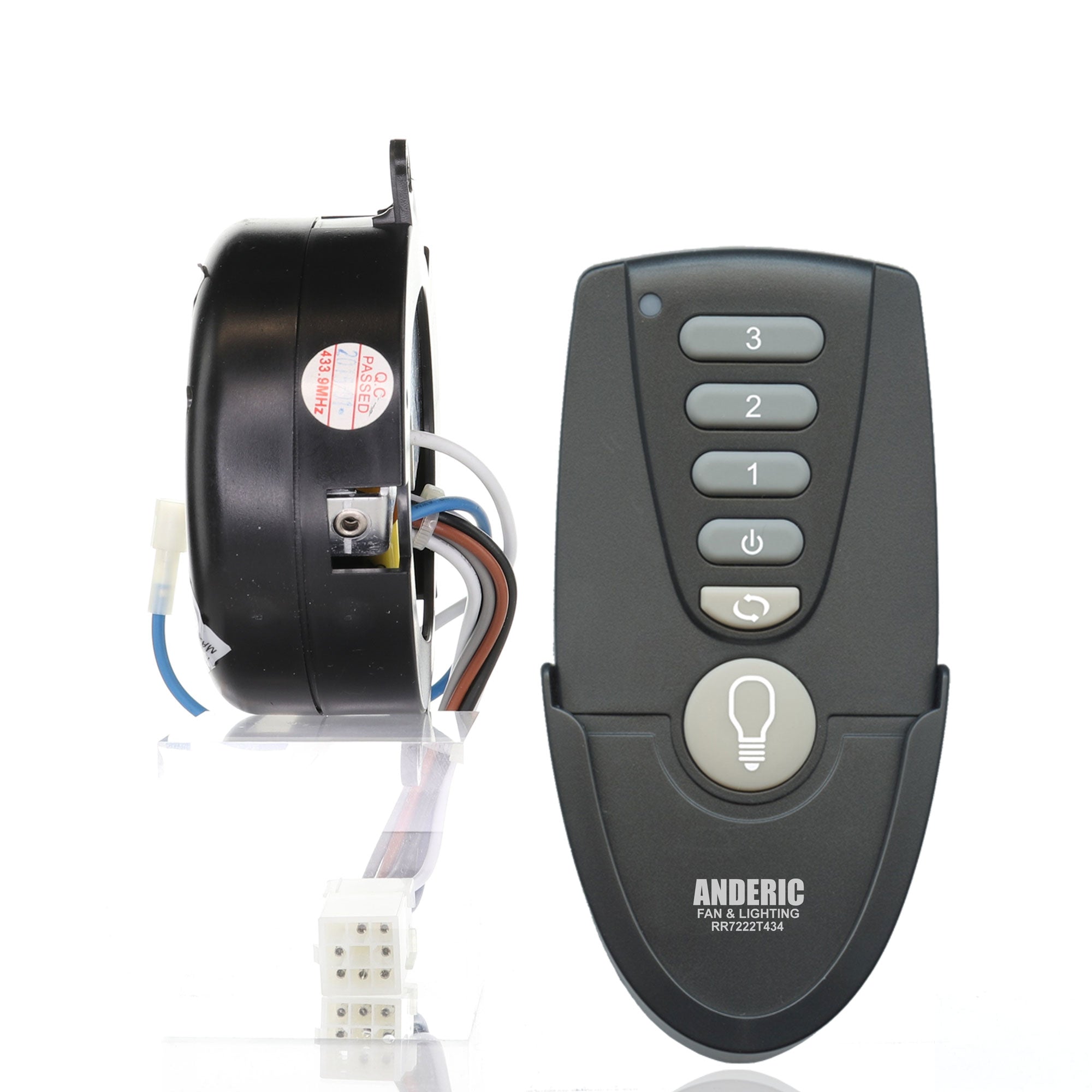 The Anderic MR77A with RR7222T434 remote control kit for Home Decorators Collection Altura 68 Inch Ceiling Fan includes a remote with numbered buttons, a light symbol, and wiring components, ensuring seamless operation and compatibility with your Hampton Bay setup. Ideal as a replacement kit.