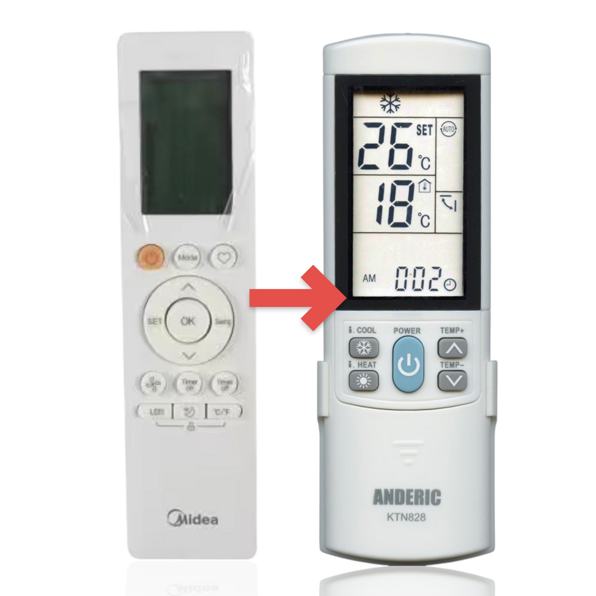 Anderic white universal air conditioner remote control with backlit LCD display and intuitive button layout