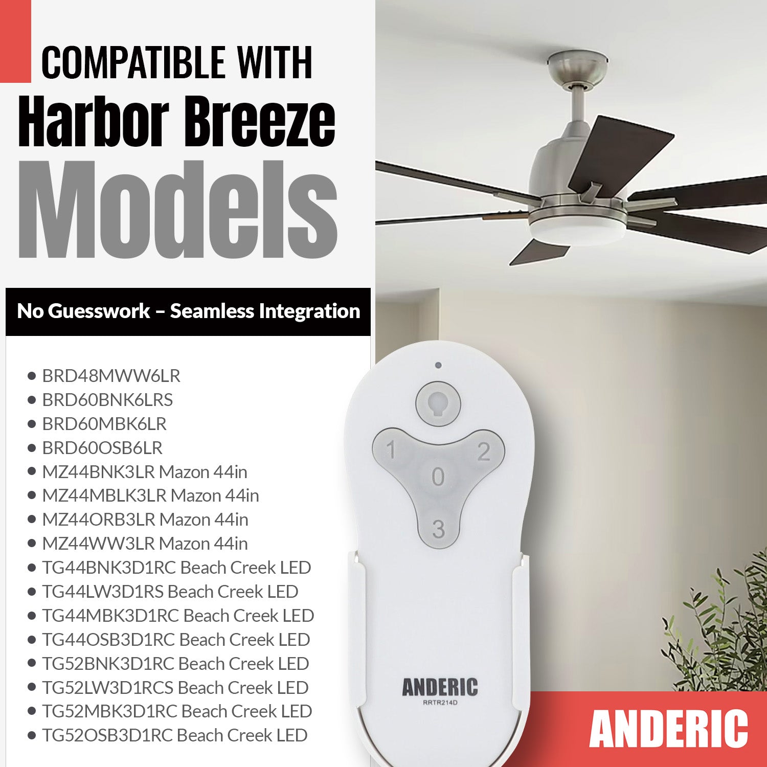 Anderic RRTR214D Replacement Ceiling Fan Remote Control for Harbor Bre