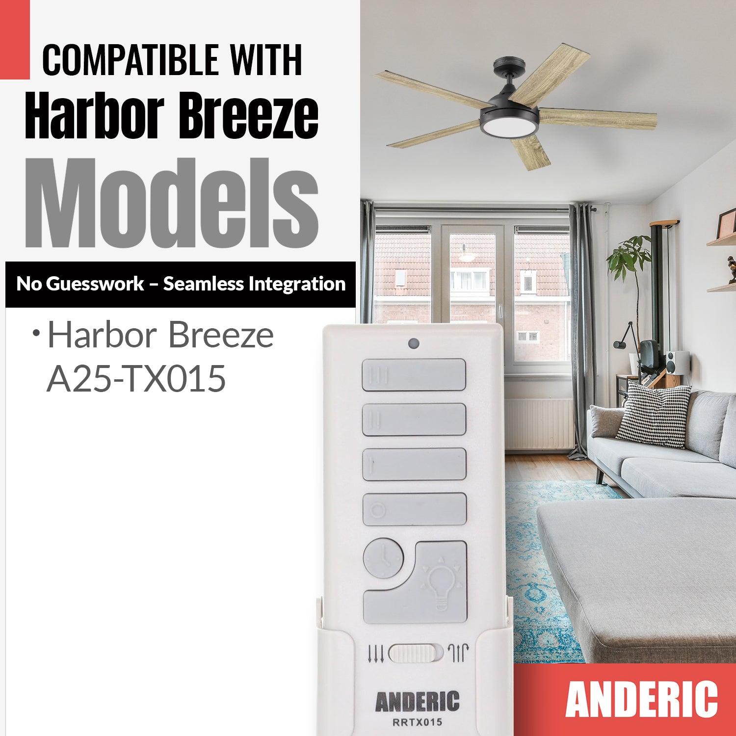 Anderic RRTX015 Replacement Ceiling Fan Remote Control for Harbor Breeze A25-TX015A