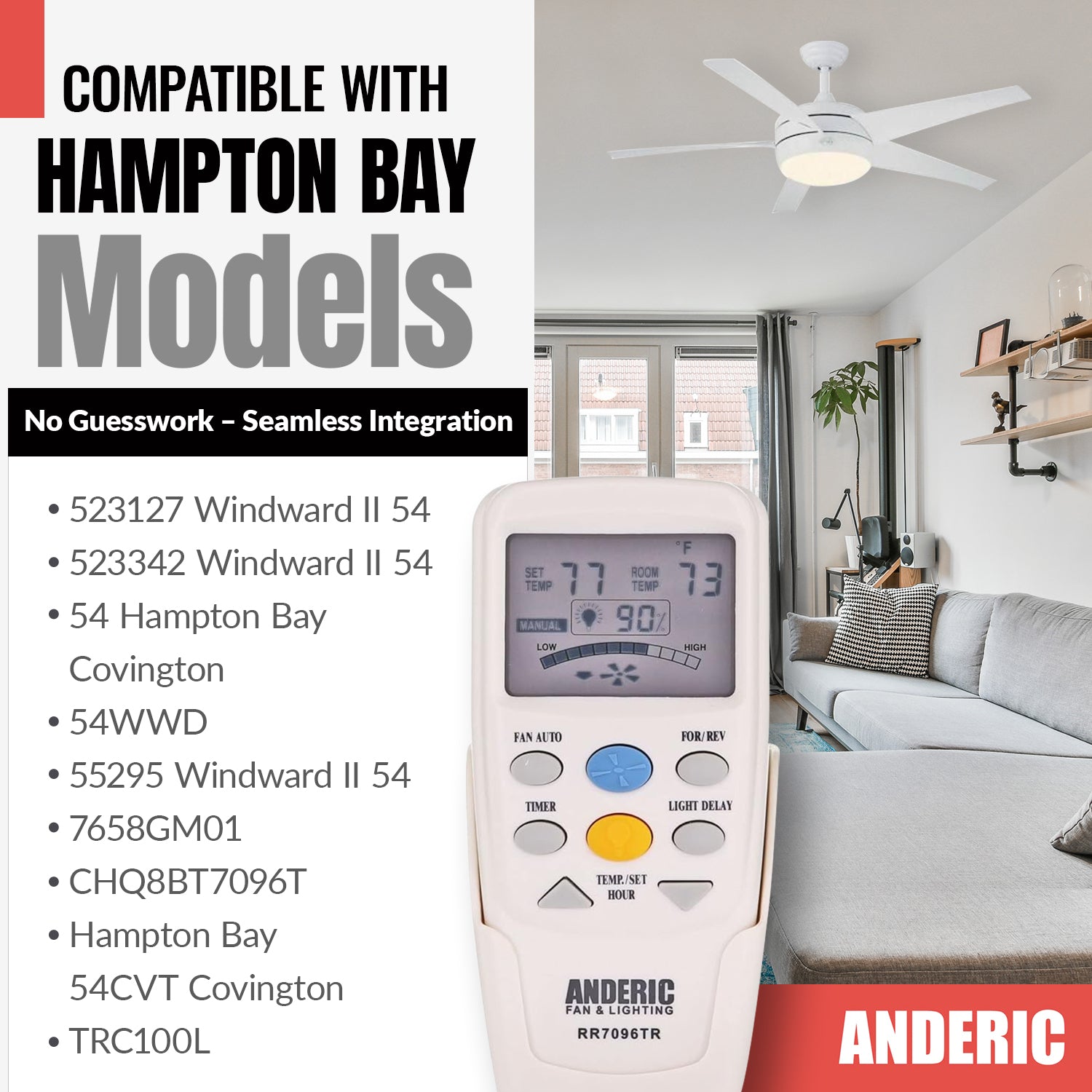 Control remoto Anderic CHQ7096T / CHQ8BT7096T para ventilador de techo Hampton Bay con llave de reversa - RR7096TR