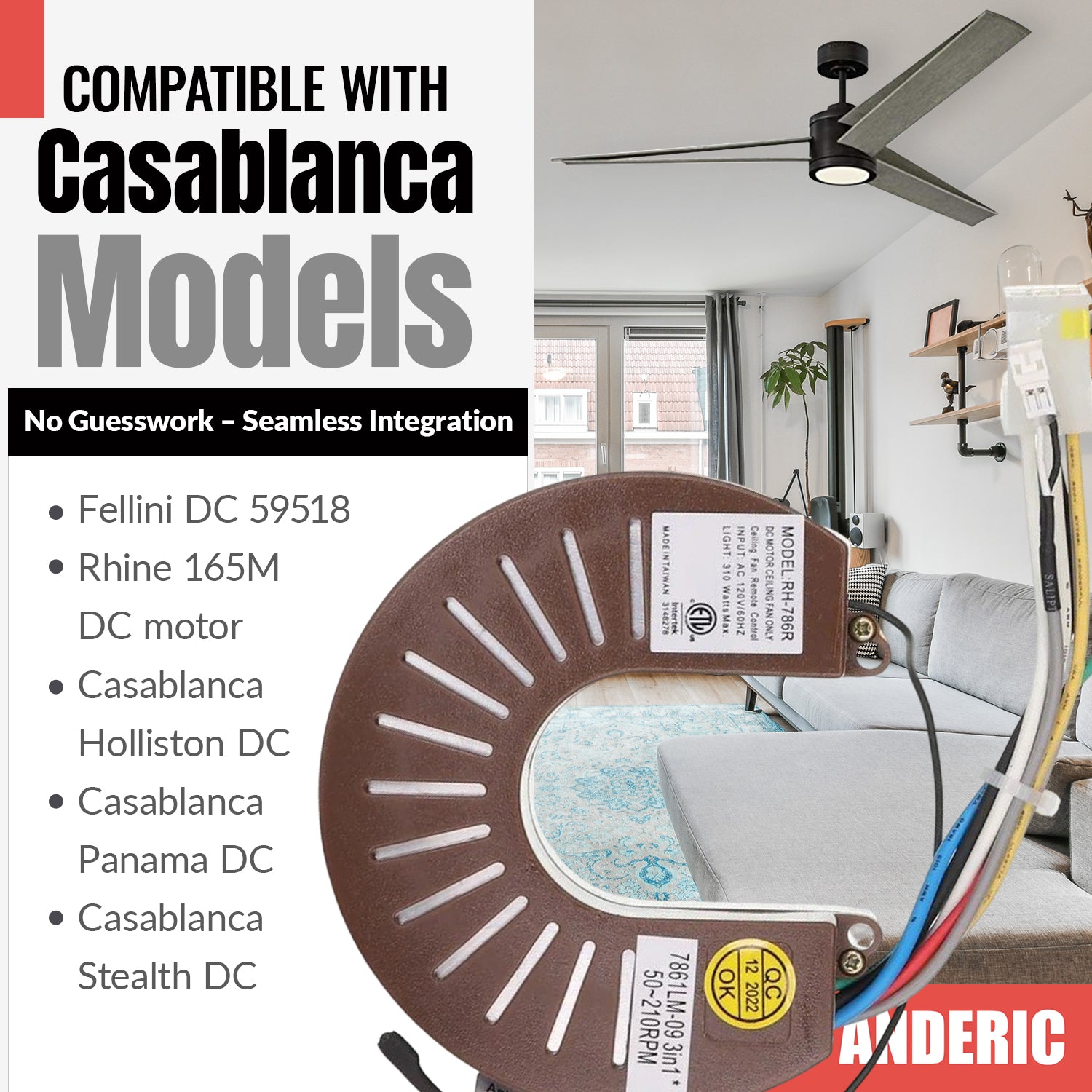 Anderic RH786R Replacement Ceiling Fan Receiver for Stealth and Casablanca | RH-786R, 7861LM-09