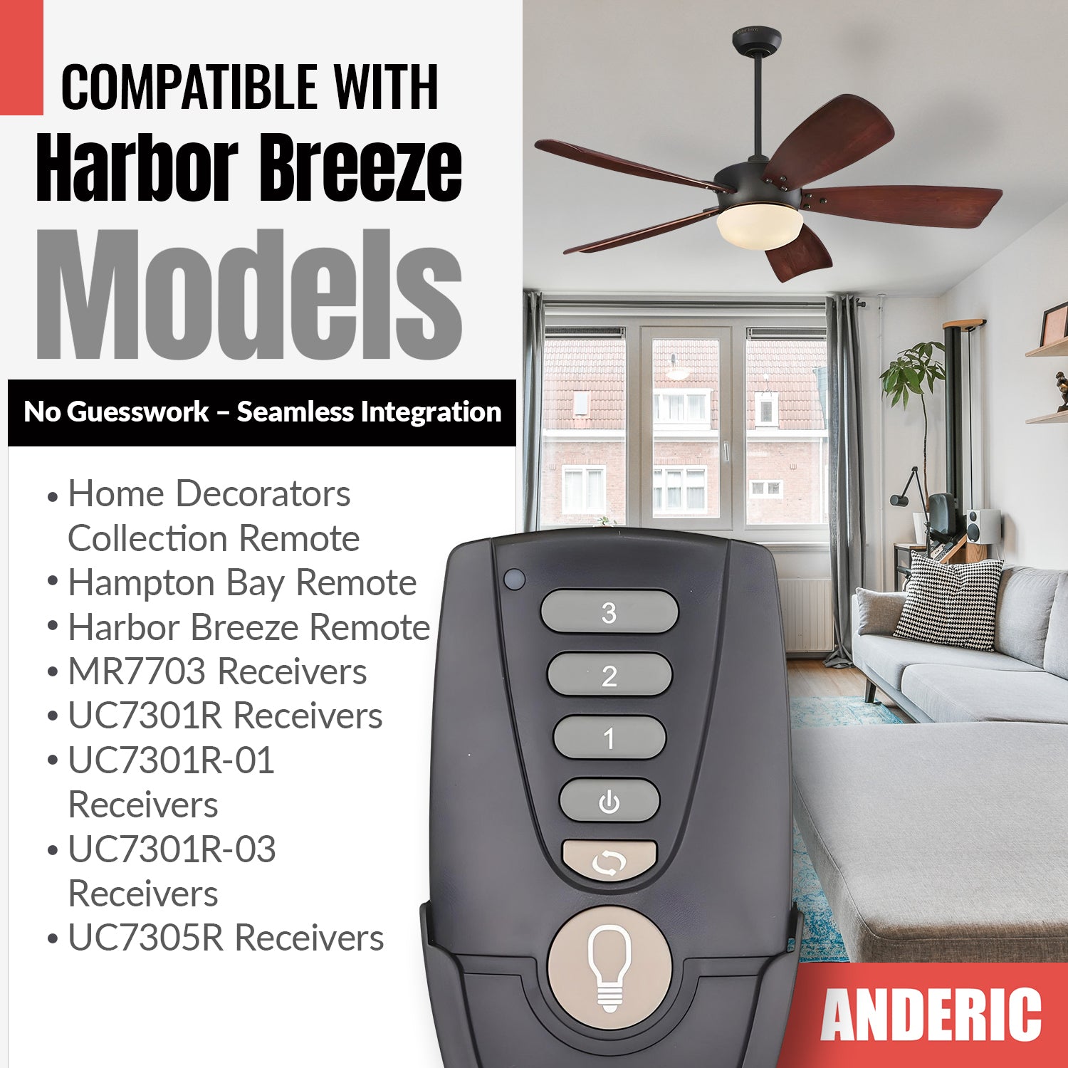 Anderic RR7222T Replacement Ceiling Fan Remote Control for Home Decorators Collection and Others | UC7222T, CHQ7222T