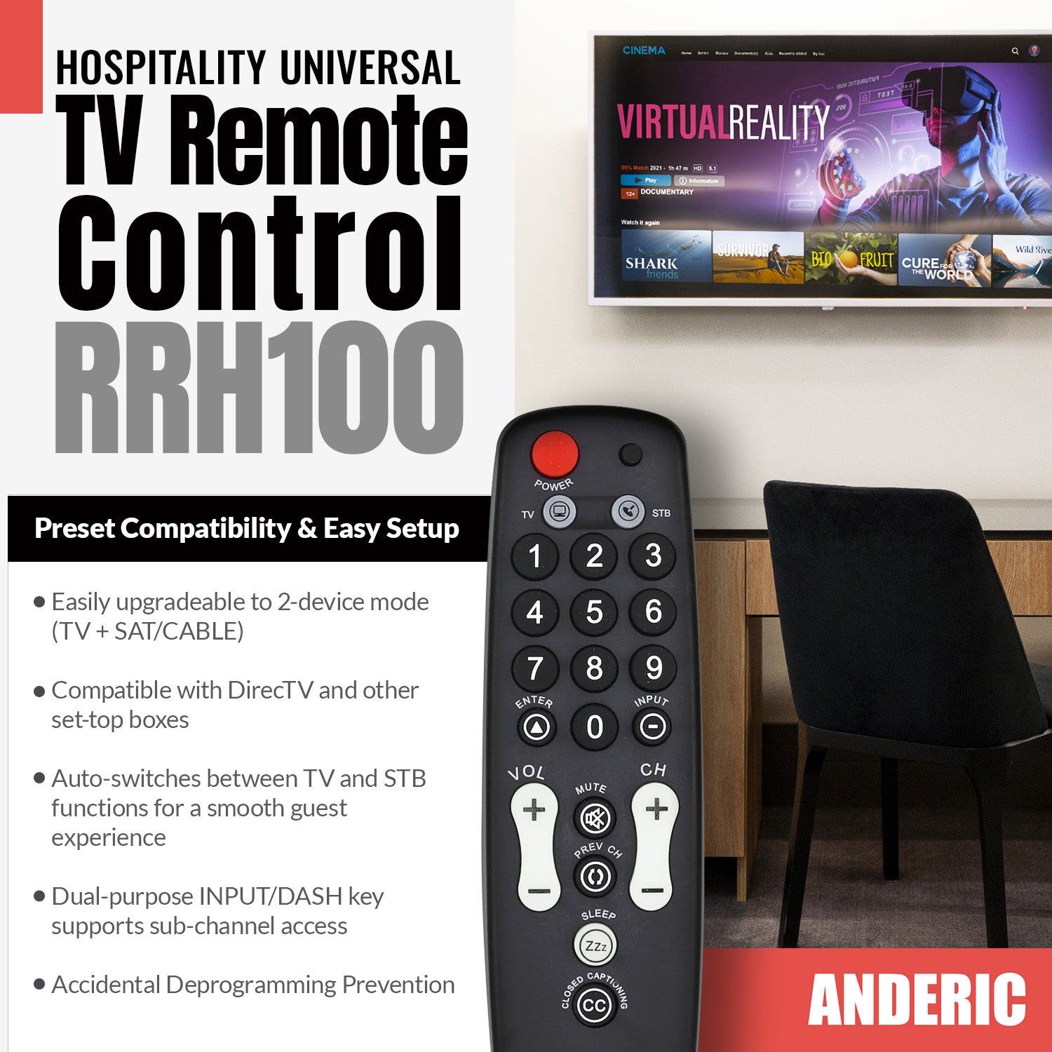 Anderic Hospitality 2-Device Universal Remote Control for TVs and Cable/Satellite/STB Boxes - RRH100