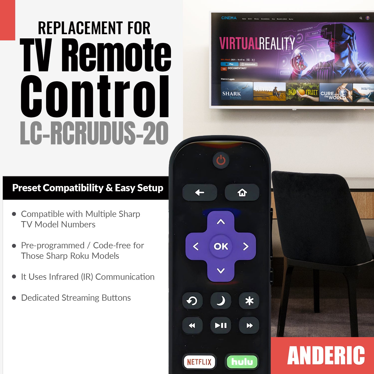 Sharp LC-RCRUDUS-20 Roku TV Remote Control | 2019, 2018 - LCRCRUDUS20