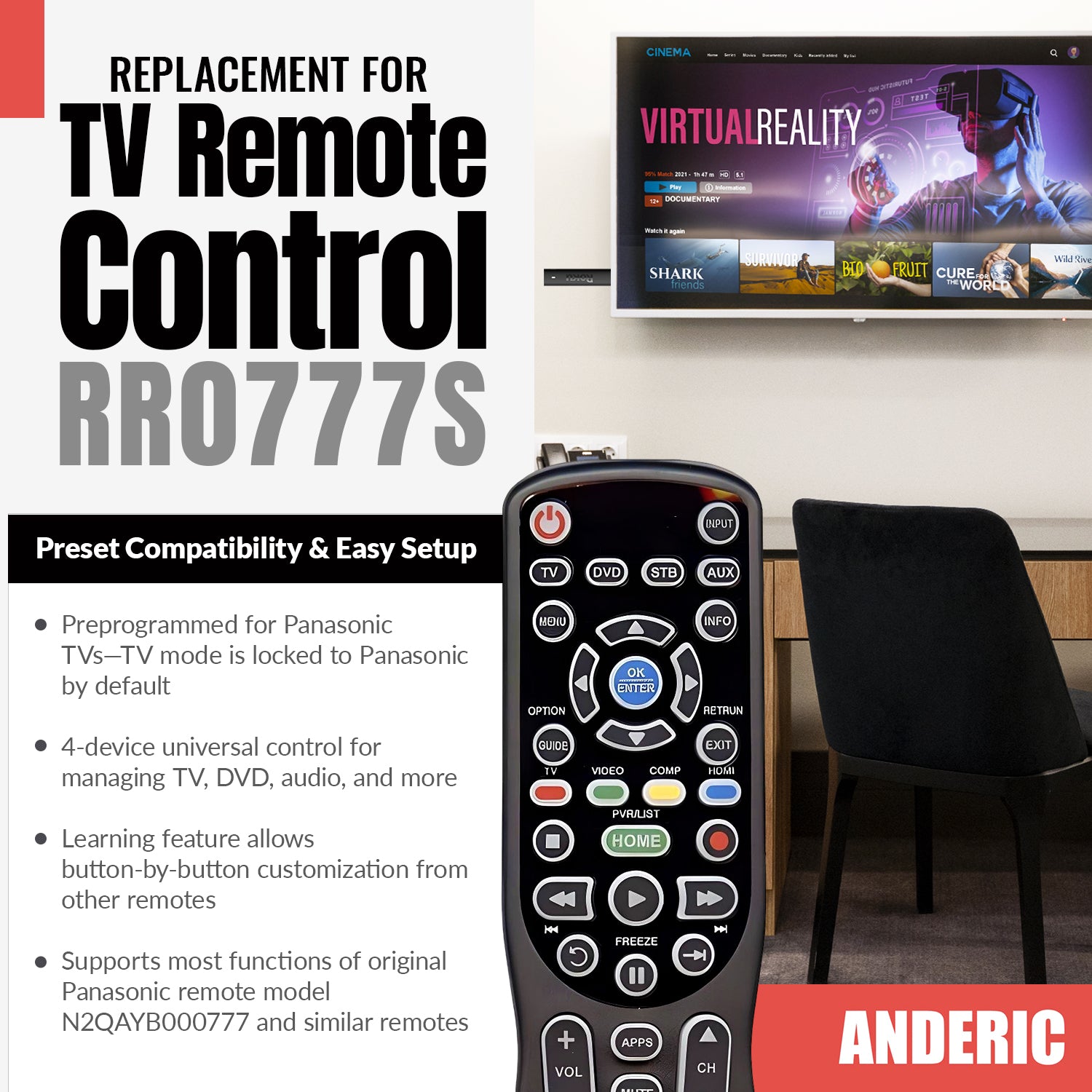 Anderic RR0777S Universal 4-Device Remote Control for Pre-programmed for Panasonic Smart TVs with Learning and Backlight | N2QAYB000777S
