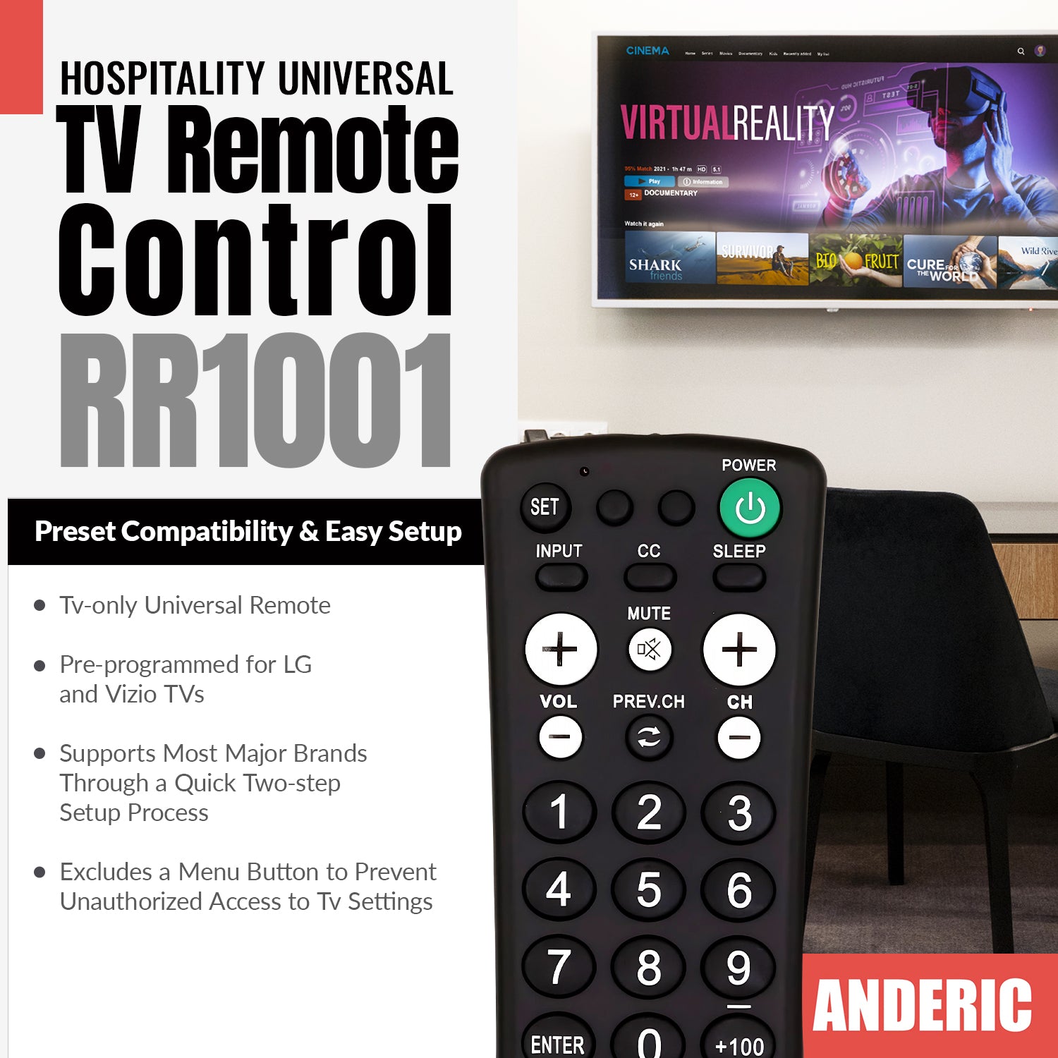 Anderic RR1001 1-Device Universal TV Remote Control with Large Keys for Hospitality