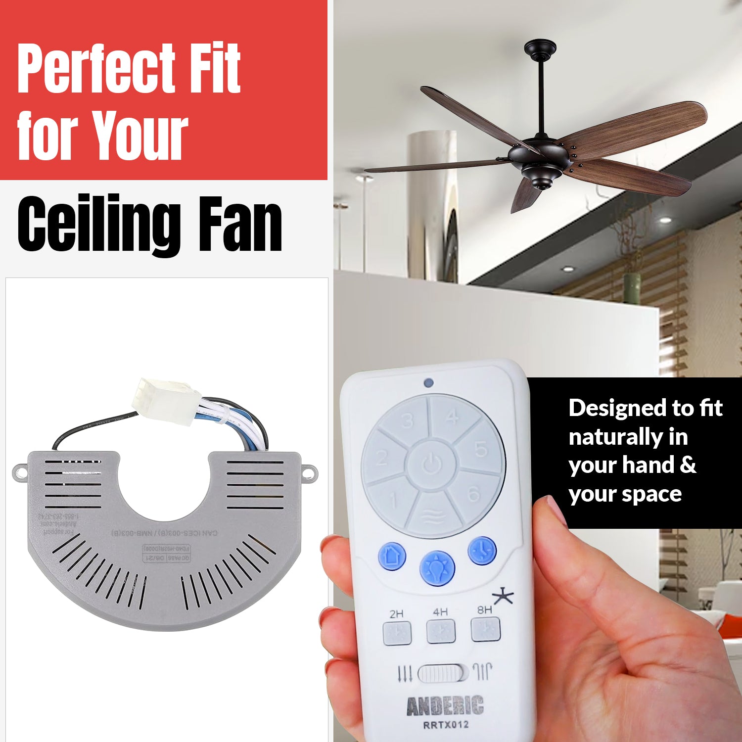 Anderic RRTX012/FD40-H02R Replacement Ceiling Fan Remote Control Kit