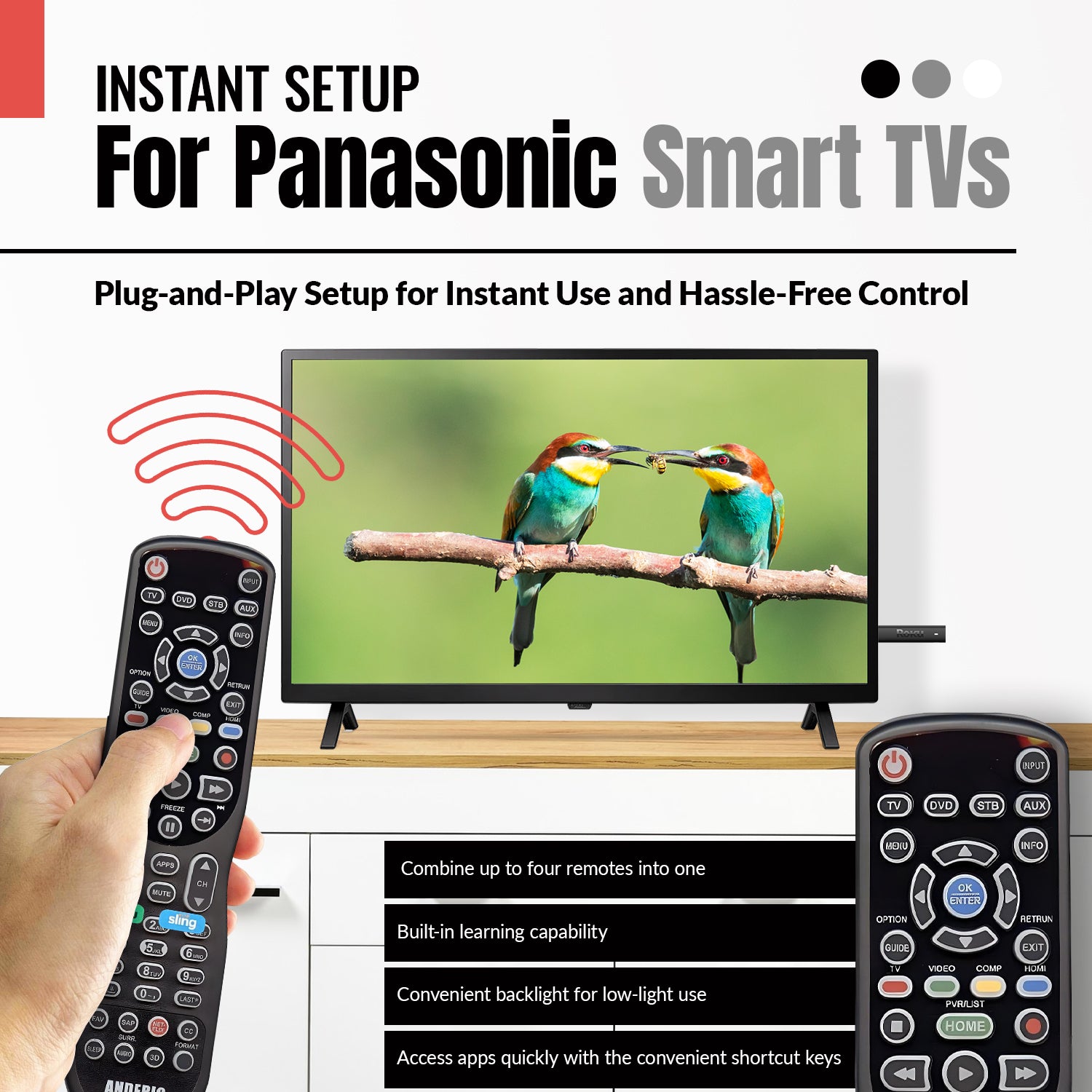 Anderic RR0777S Universal 4-Device Remote Control for Pre-programmed for Panasonic Smart TVs with Learning and Backlight | N2QAYB000777S