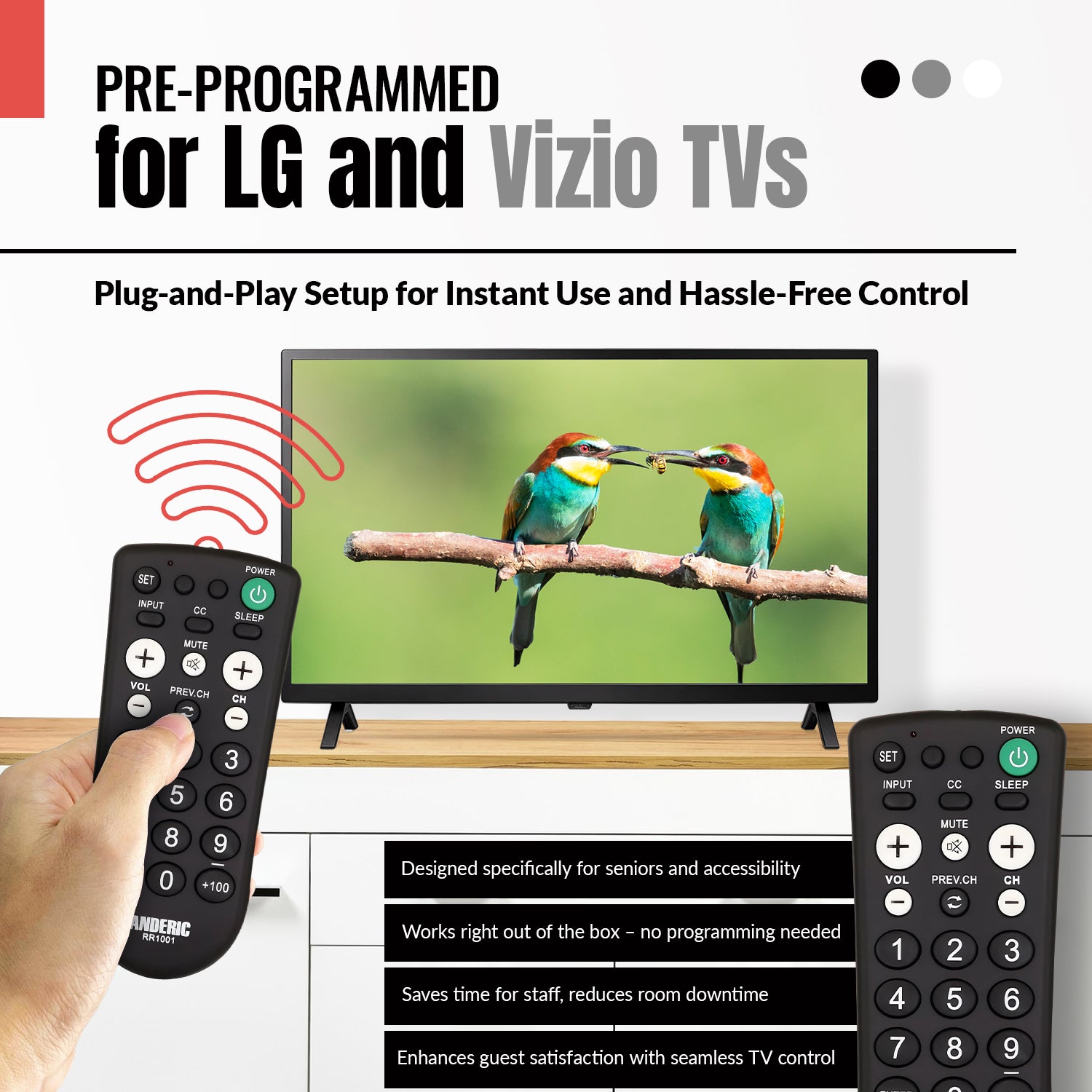 Anderic RR1001 1-Device Universal TV Remote Control with Large Keys for Hospitality