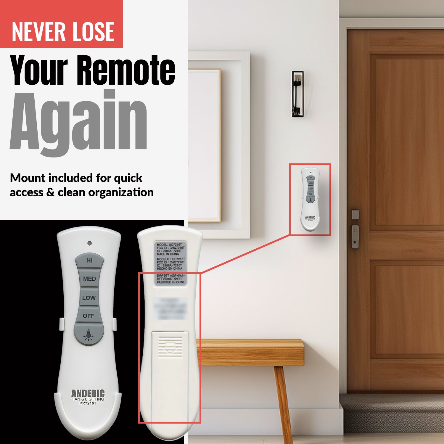 Anderic RR7216T Replacement Ceiling Fan Remote Control for UC7216T, CHQ7216T, and Others