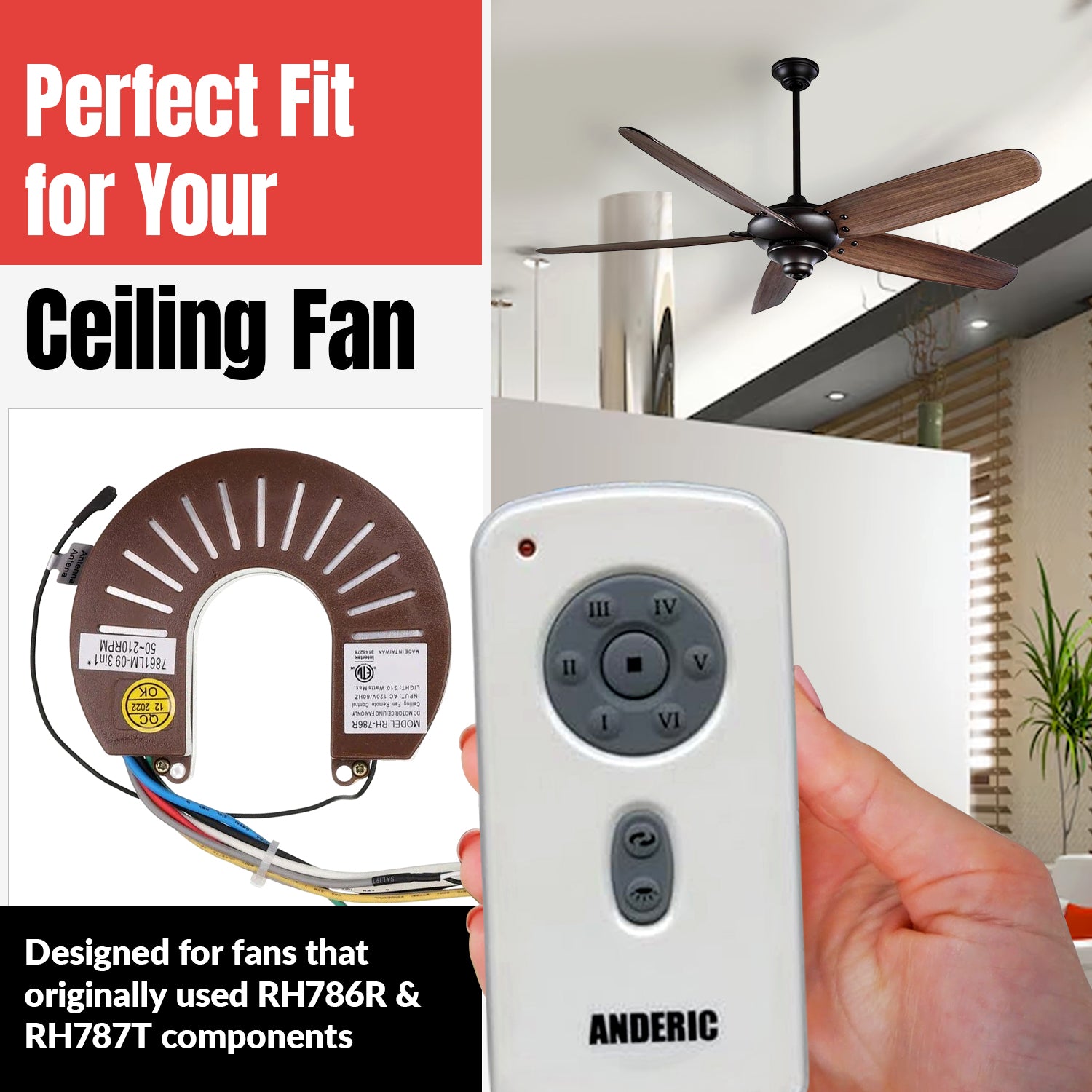 Anderic RH786R/RR787T-KIT Replacement Ceiling Fan Remote Control Kit for Casablanca and Others