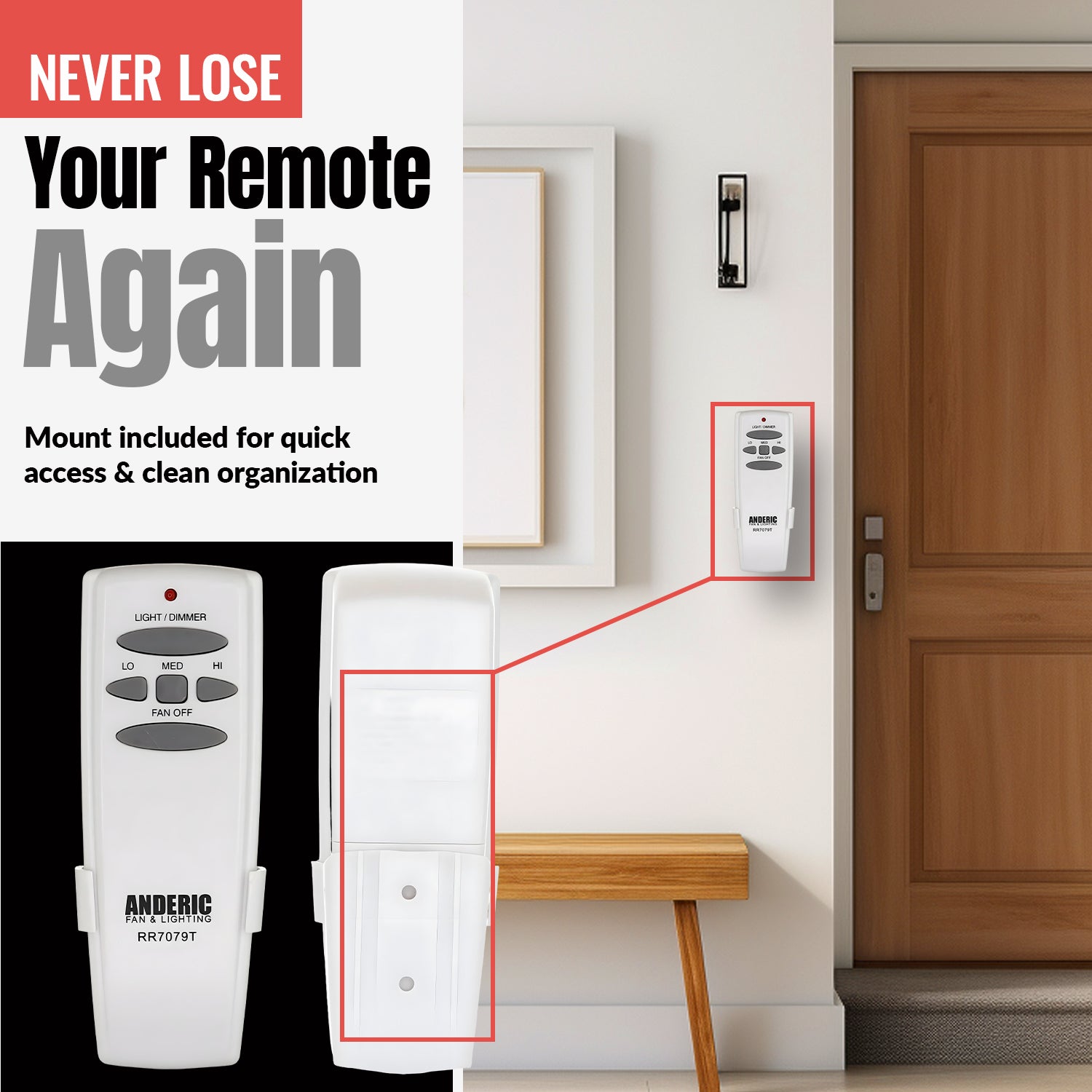 Anderic RR7079T Replacement Ceiling Fan Remote Control for Hampton Bay and others - UC7078T / FAN-HD