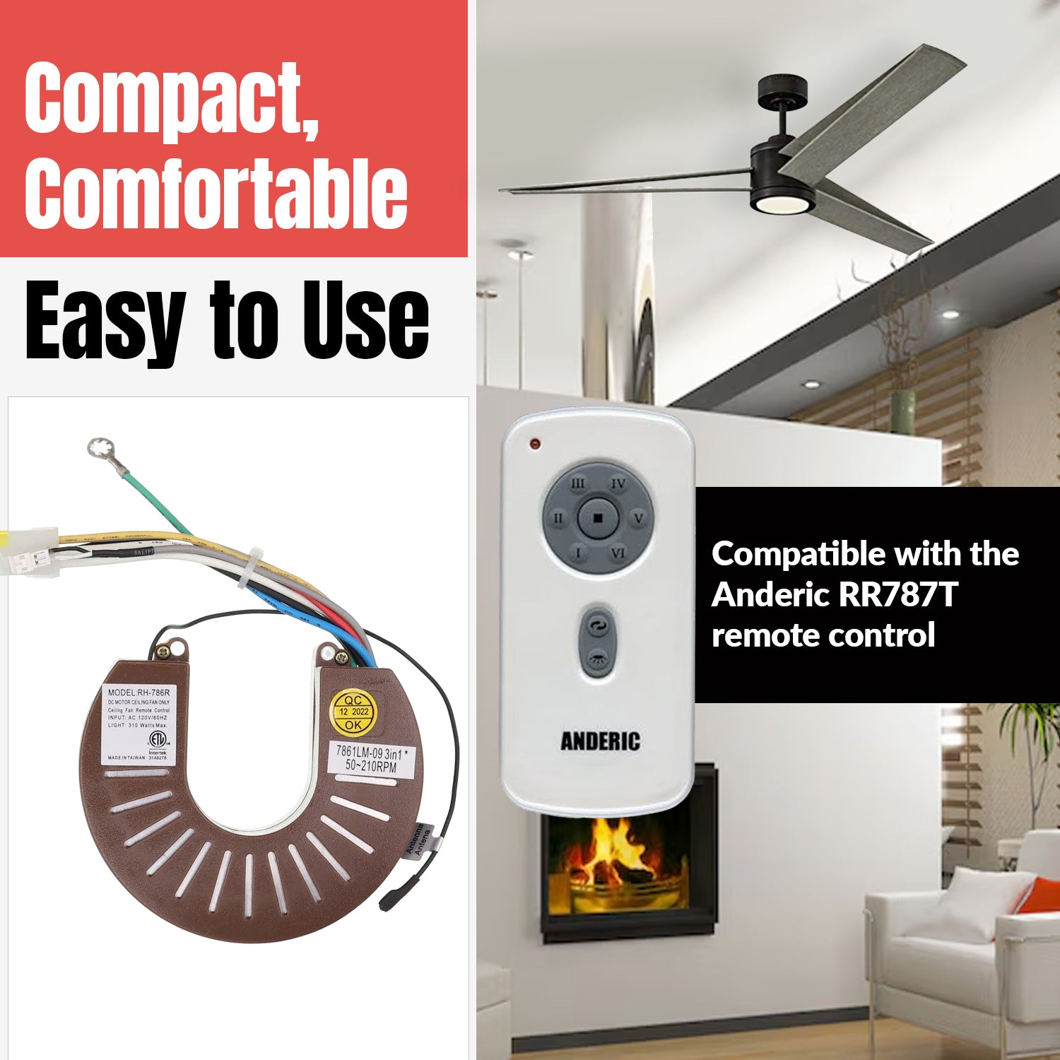 Anderic RH786R Replacement Ceiling Fan Receiver for Stealth and Casablanca | RH-786R, 7861LM-09