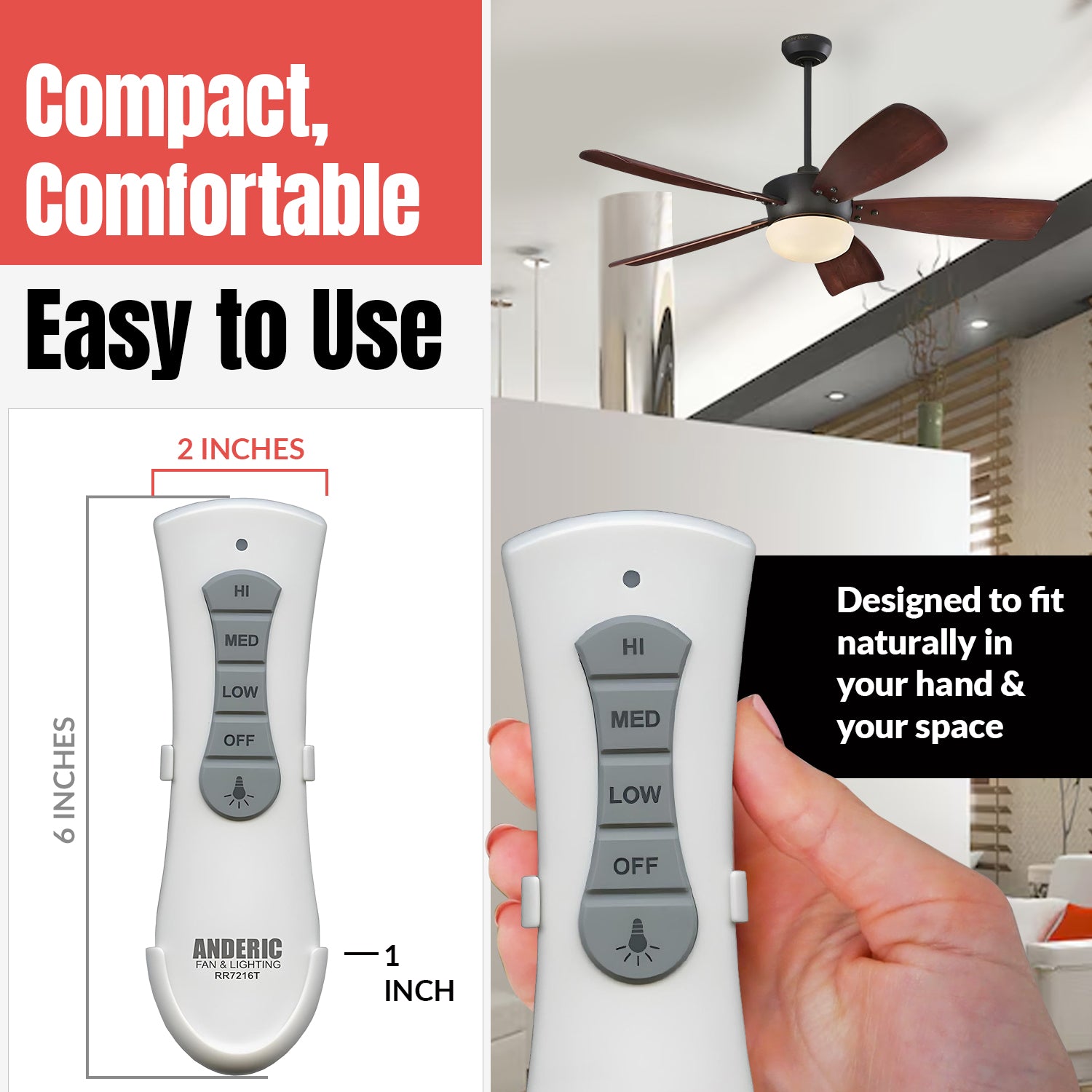 Anderic RR7216T Replacement Ceiling Fan Remote Control for UC7216T, CHQ7216T, and Others