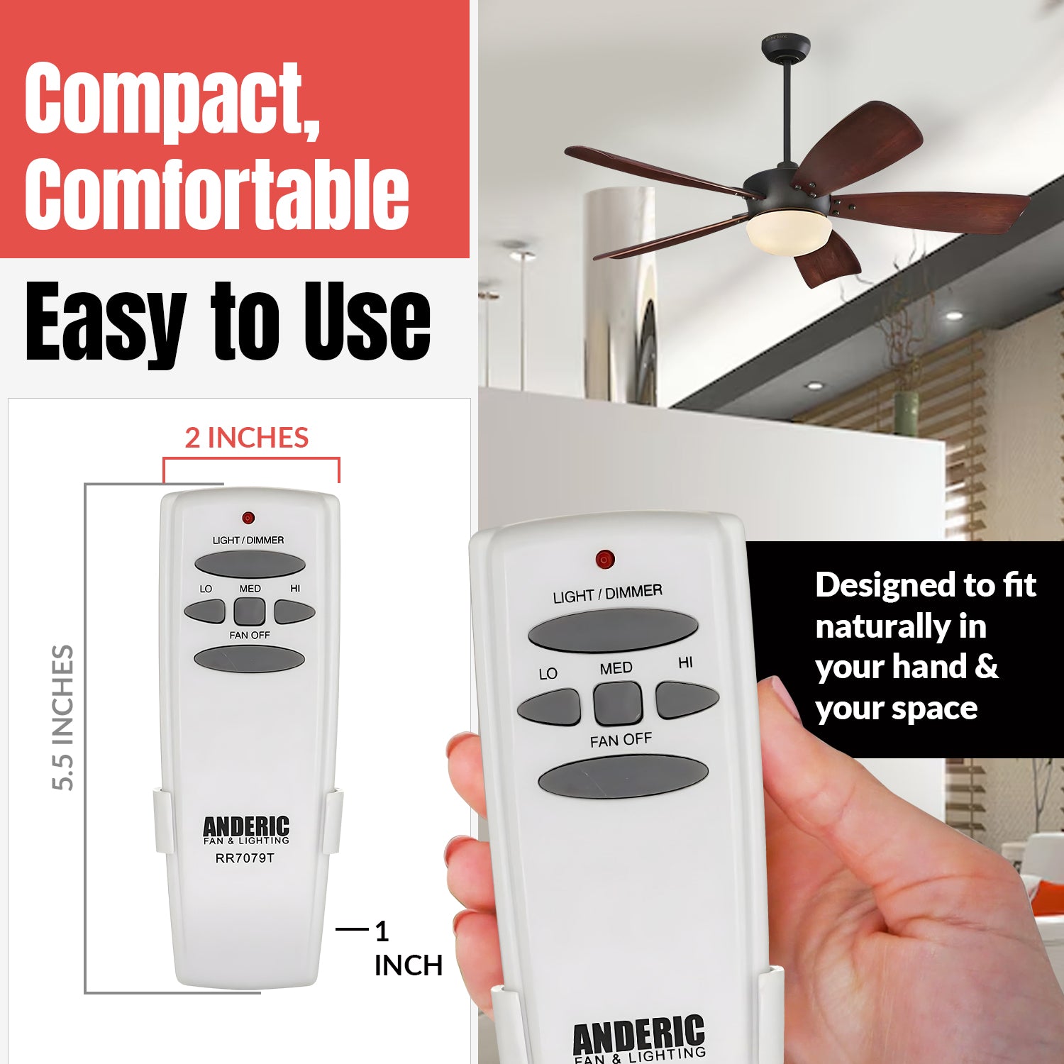 Anderic RR7079T Replacement Ceiling Fan Remote Control for Hampton Bay and others - UC7078T / FAN-HD