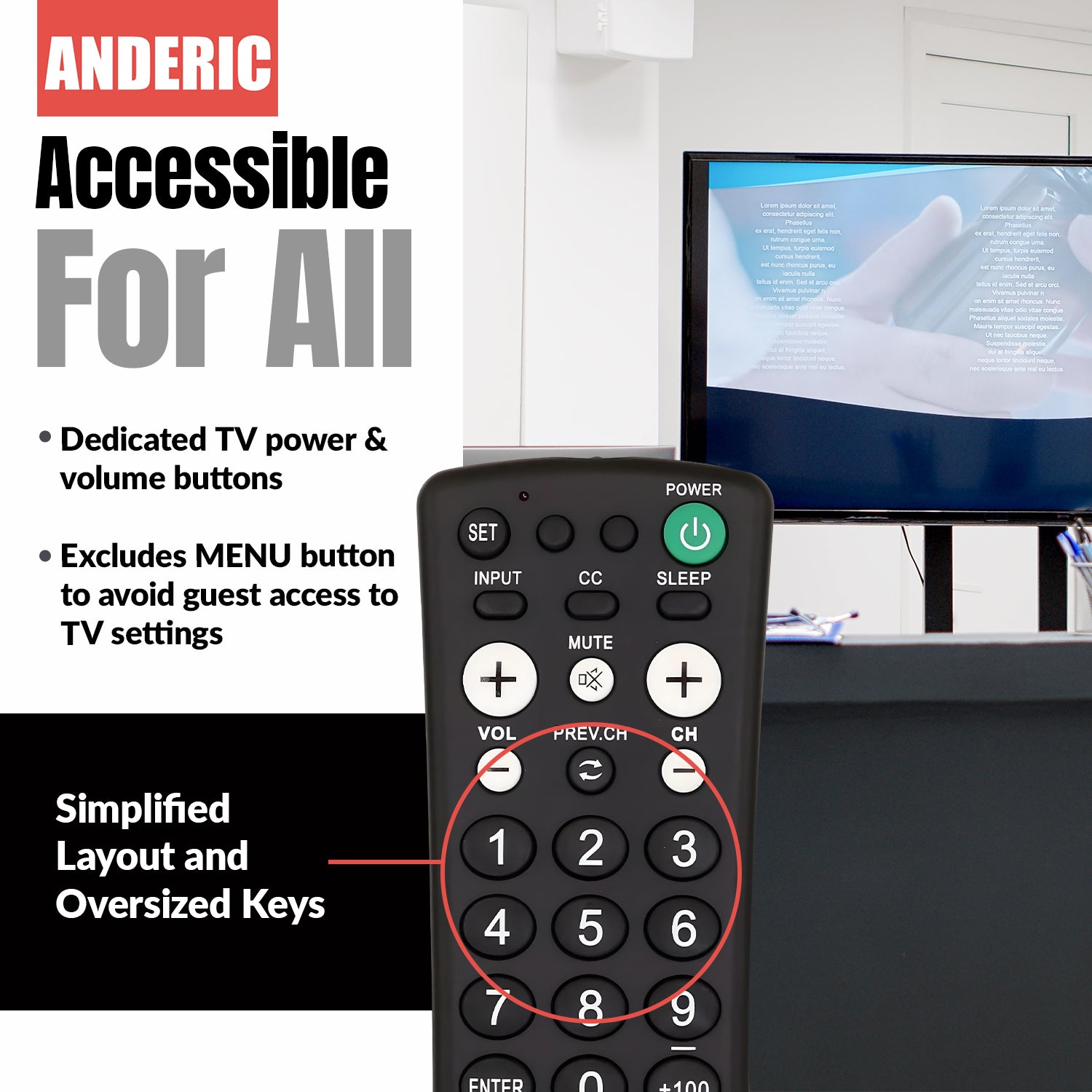 Anderic RR1001 1-Device Universal TV Remote Control with Large Keys for Hospitality