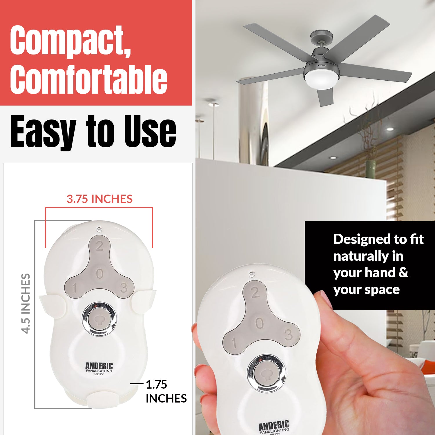 Anderic 99122 Replacement Ceiling Fan Remote Control for Hunter 99122, IN2TX41, 2AN5T-99122