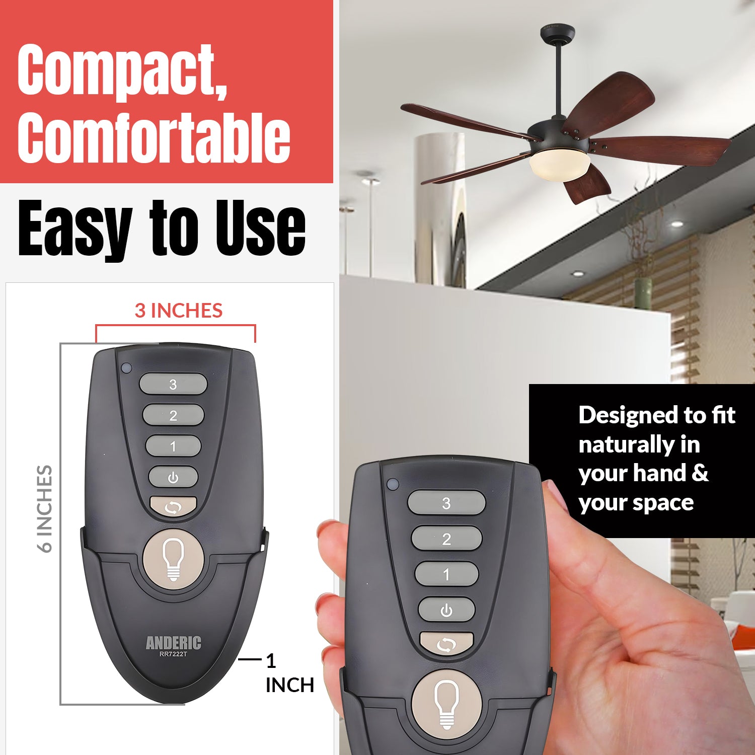 Control remoto Anderic UC7222T/CHQ7222T para ventilador de techo Hampton Bay