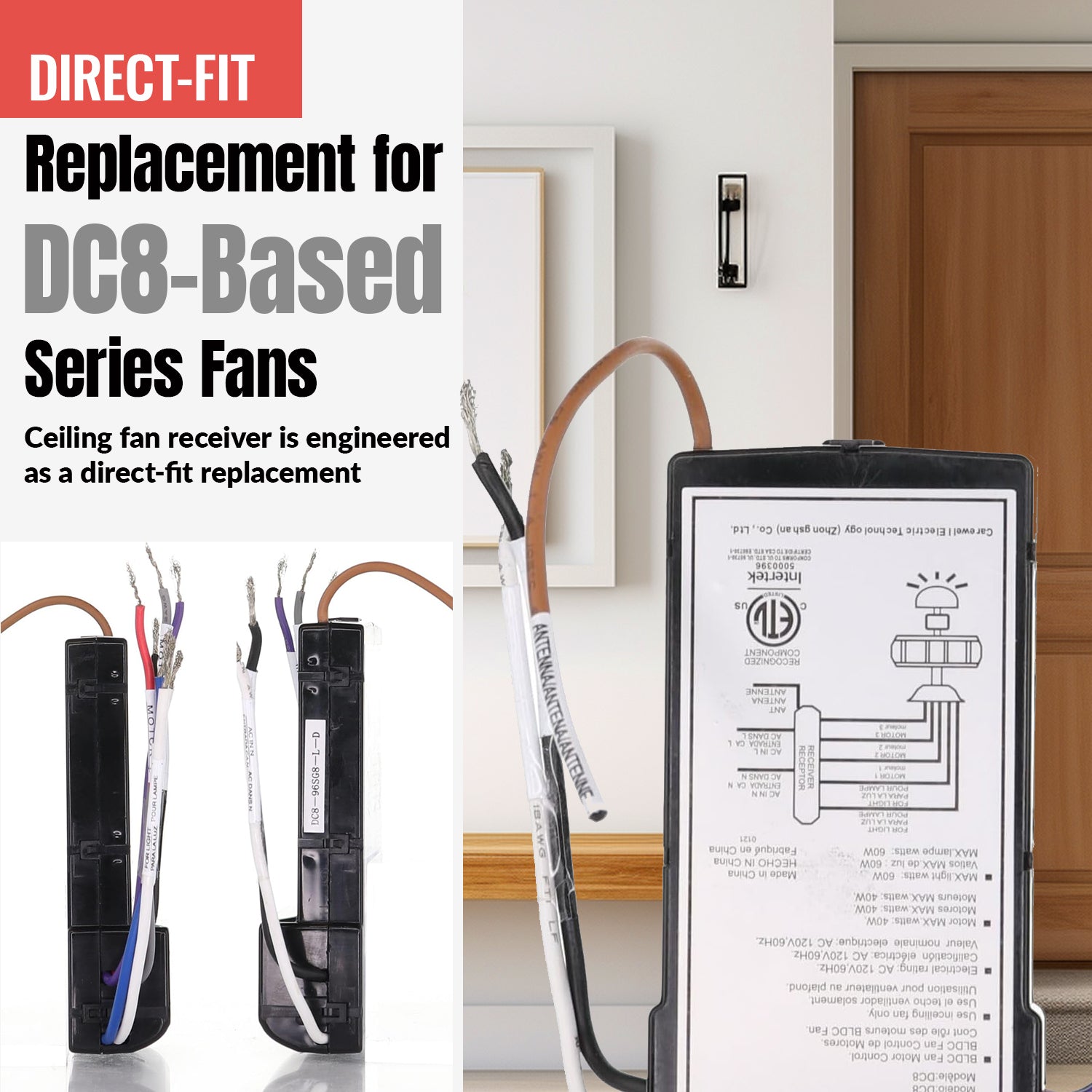Receptor de repuesto Anderic DC8-96SG8 para ventilador de techo de corriente continua para Monte Carlo, Casa Vieja y otros
