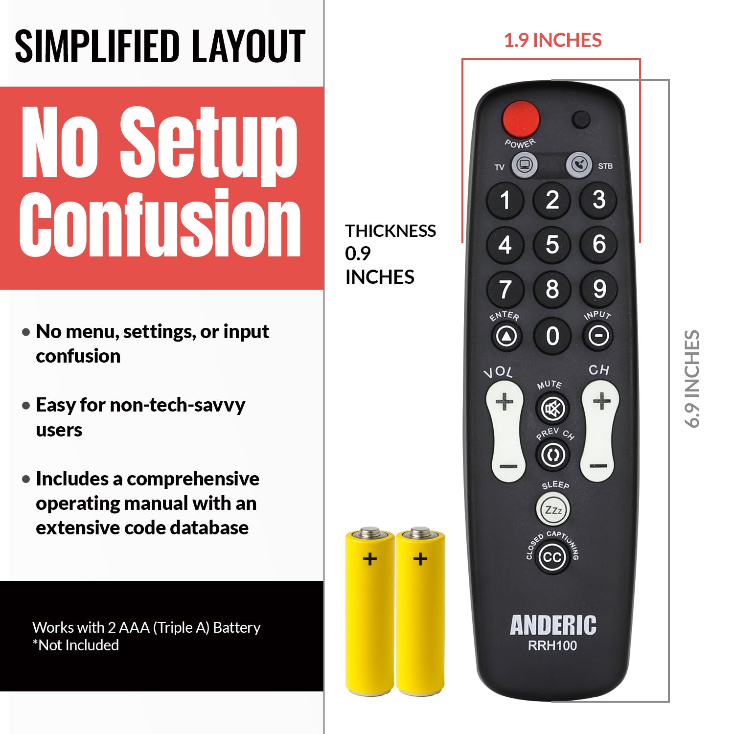 Anderic Hospitality 2-Device Universal Remote Control for TVs and Cable/Satellite/STB Boxes - RRH100