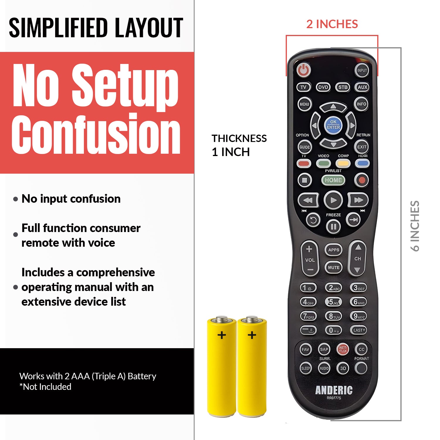 Anderic RR0777S Universal 4-Device Remote Control for Pre-programmed for Panasonic Smart TVs with Learning and Backlight | N2QAYB000777S