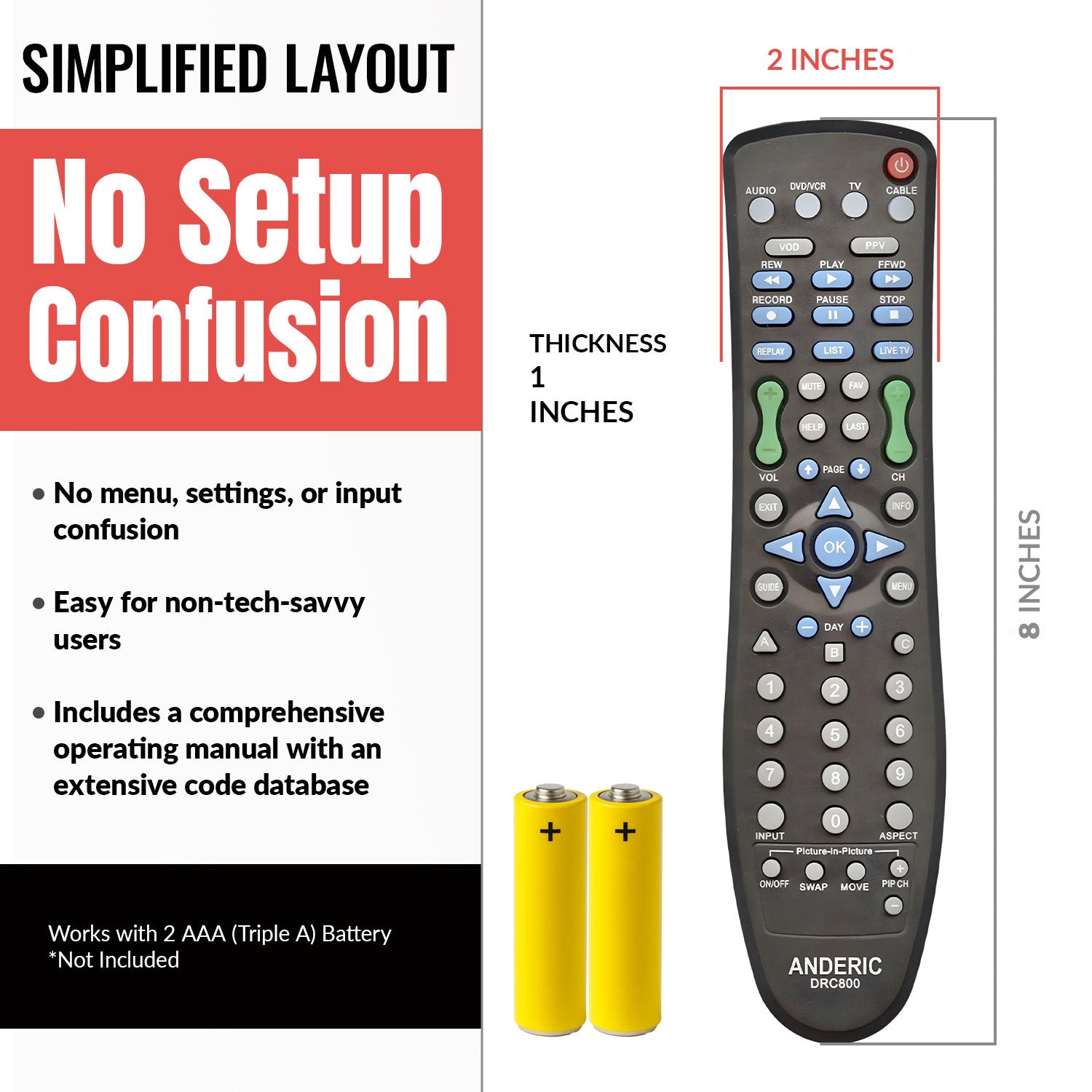 Anderic DRC800 DVR and Cable Box Remote Control for Motorola, Scientific Atlanta, and others