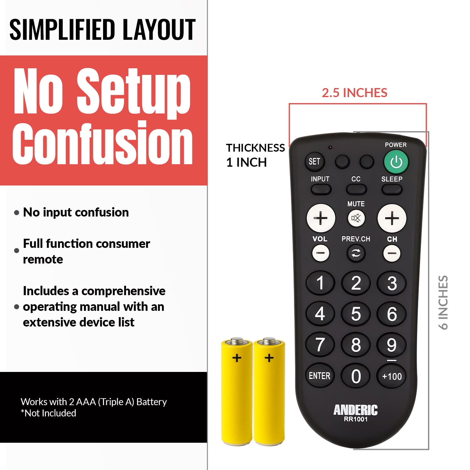 Anderic RR1001 1-Device Universal TV Remote Control with Large Keys for Hospitality