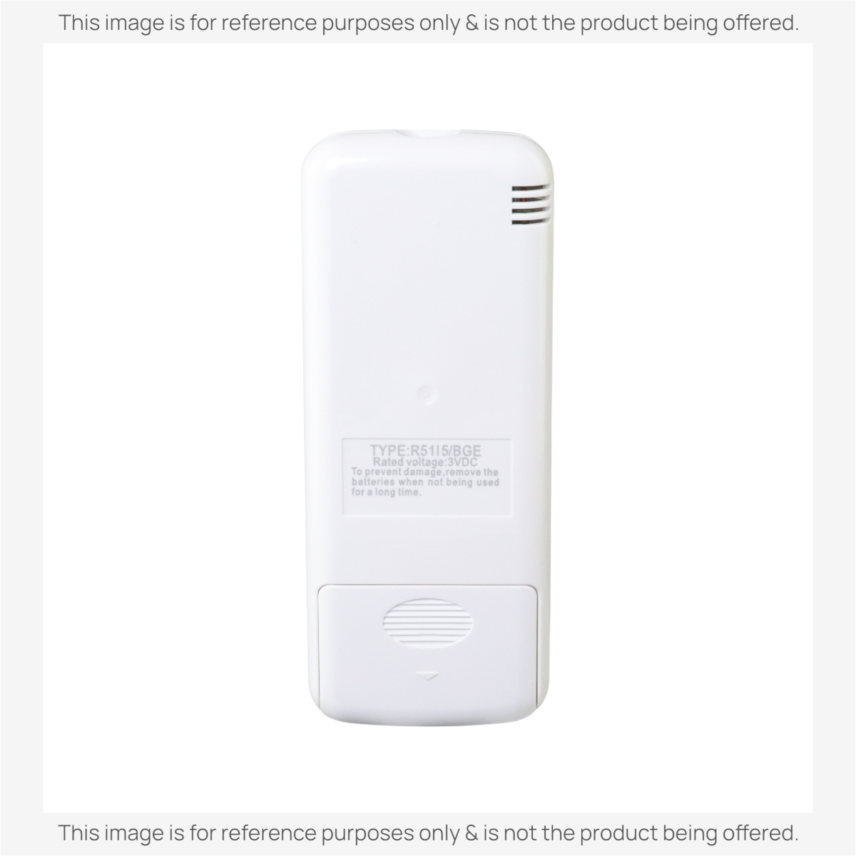 Anderic white replacement remote control for Midea mini-split air conditioners, back view showing battery compartment.
