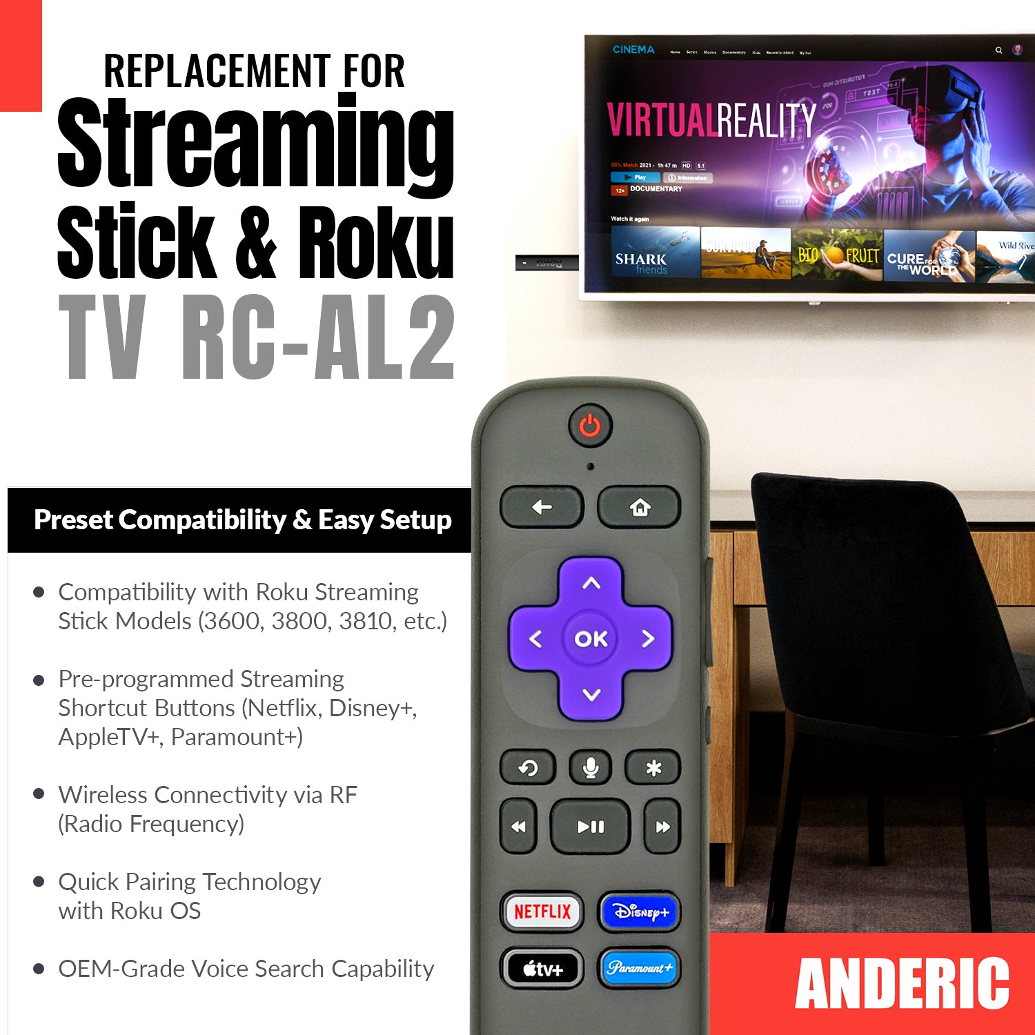 An Anderic RC-FA5 Universal Roku Remote is shown, with a TV displaying a virtual reality screen behind it. Text highlights the RC-FA5’s compatibility with Roku devices and popular apps like Netflix, Disney+, Apple TV+, and Paramount+.