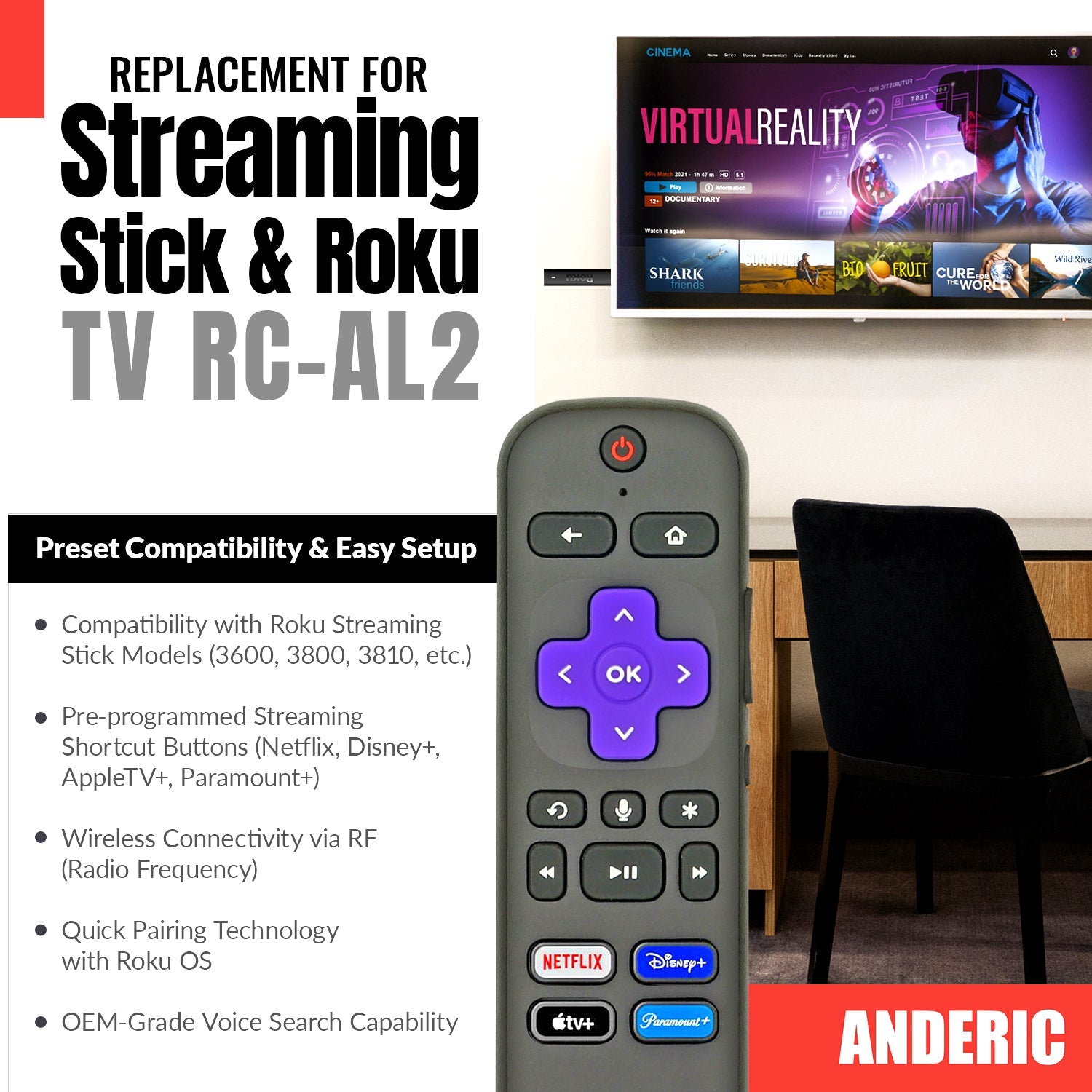 Télécommande Hisense 75U800GR ROKU TV | Vocale | RF | Casque – 75U800GR-REM