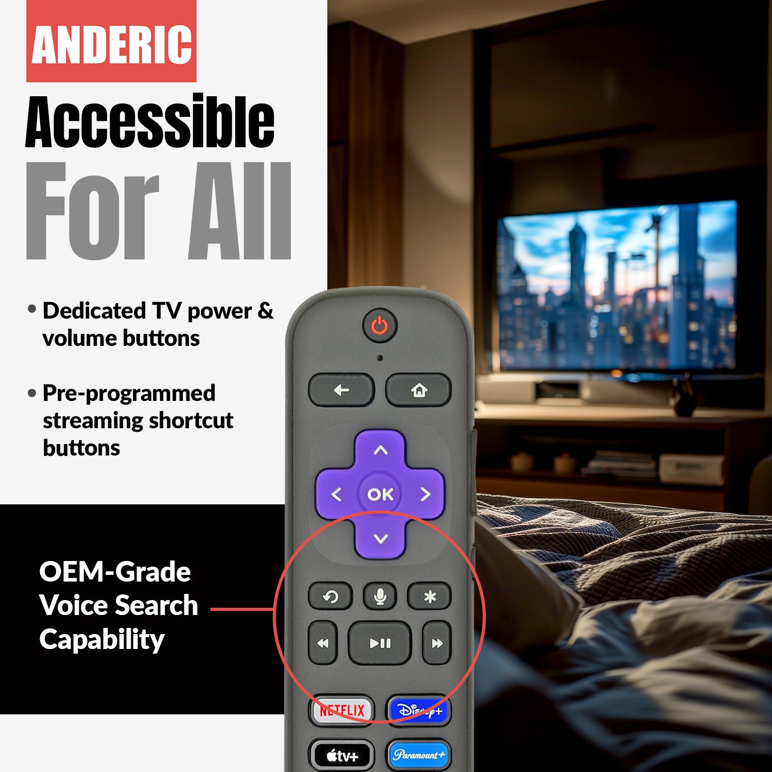 The Anderic RC-FA5 Universal for Roku Remote Control is displayed before a bedroom TV, featuring dedicated power, volume, and streaming buttons. Effortless voice control, wide compatibility, and accessibility features are highlighted.