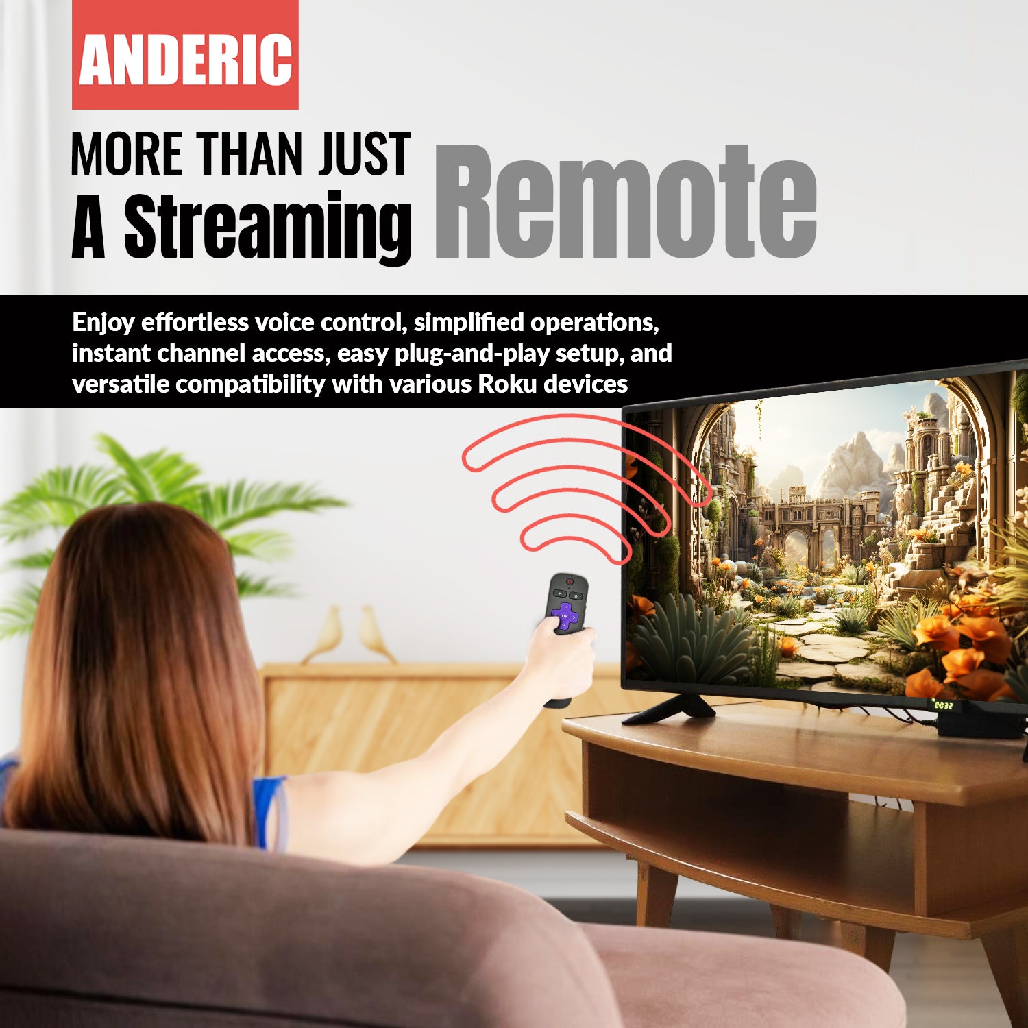 A woman relaxes on a couch using the Anderic RC-FA5 Universal for Roku Remote Control to stream fantasy content, highlighting its compatibility with Roku devices and popular apps like Netflix, Disney+, Apple TV+, and Paramount+.