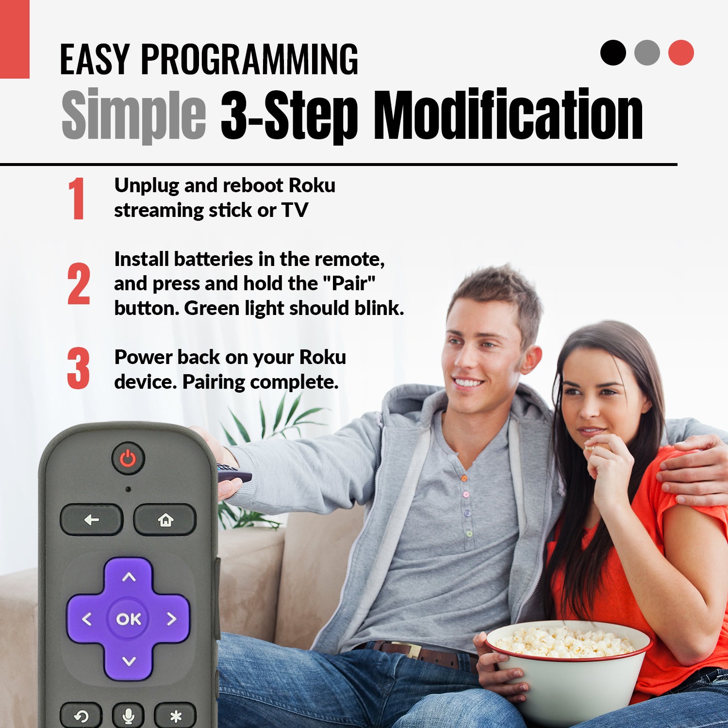 A couple sits on a couch with popcorn, using the Anderic RC-FA5 Universal for Roku Remote Control. Three easy steps show how to pair it with Roku devices, streambars, or TVs—compatible with Netflix, Disney+, Apple TV+, and Paramount+.