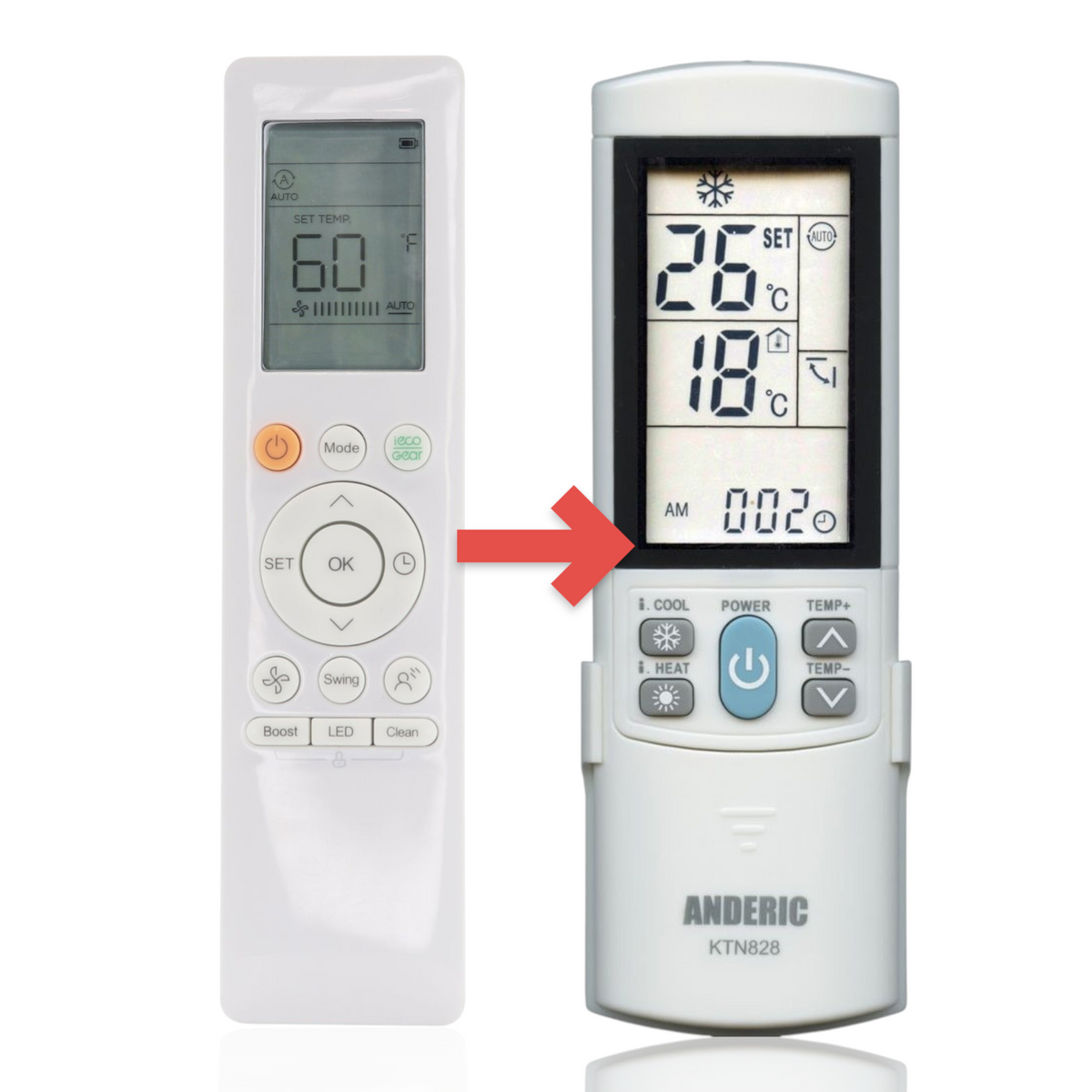 Anderic universal mini split air conditioner remote control with backlit LCD screen and glow-in-the-dark buttons