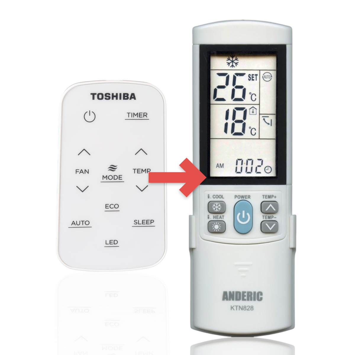 Anderic white replacement remote control for Toshiba air conditioners featuring clearly labeled function buttons