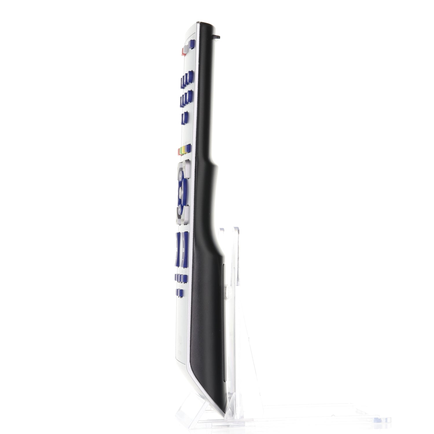 A side view of the Anderic 98TR7SW1NEMNF replacement remote for Magnavox TV, RMC12005, is on a vertical stand, showcasing its slim profile and intuitive button layout.