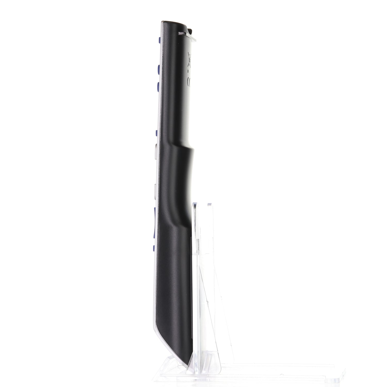 A side view of a black folding knife with a textured handle on a clear stand, similar to the Anderic 98TR7SW1NEMNF remote for MAGNAVOX TV (RMC12005), effortlessly balancing function and design.