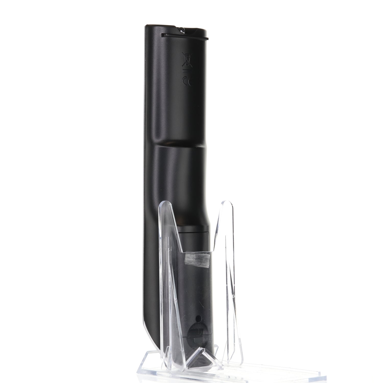 A sleek black Anderic 98TR7SW1NEMNF rechargeable battery pack stands upright on a transparent plastic stand against a white background, ready to power your MAGNAVOX TV Remote effortlessly.