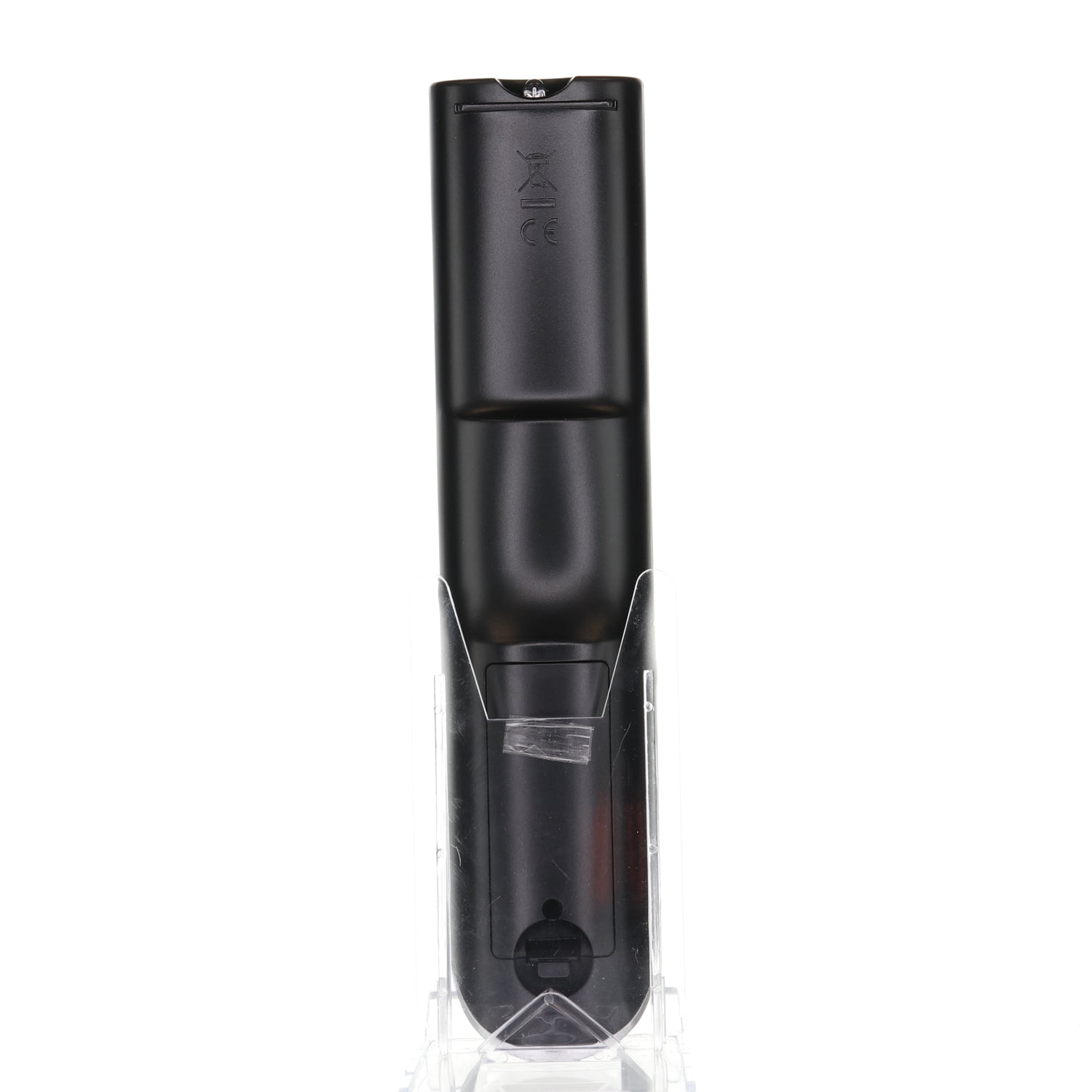 A sleek black rechargeable toothbrush stands in a clear stand, exuding elegance like the Anderic 98TR7SW1NEMNF remote for MAGNAVOX TV - RMC12005.