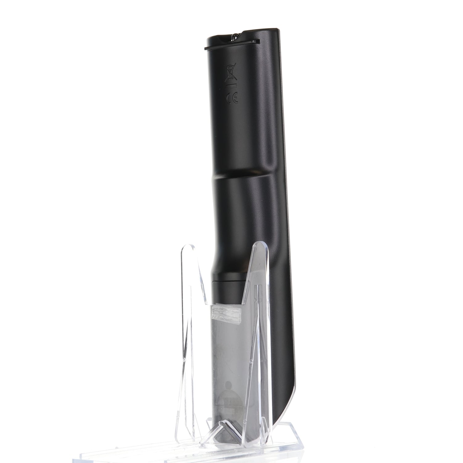 A sleek black wireless microphone on a clear stand against a plain white background mirrors the iconic simplicity of the Anderic 98TR7SW1NEMNF MAGNAVOX TV Remote Control (RMC12005).