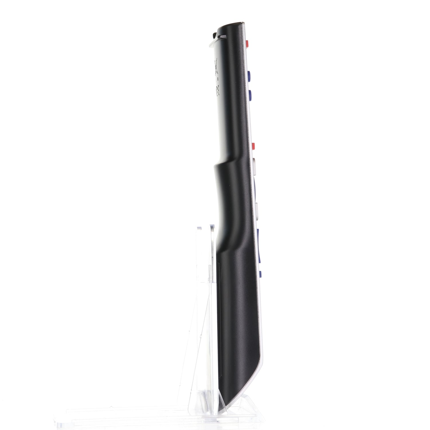 A side view of the Anderic 98TR7SW1NEMNF for MAGNAVOX TV Remote Control - RMC12005, in black, standing vertically on a clear stand, with its buttons elegantly aligned.